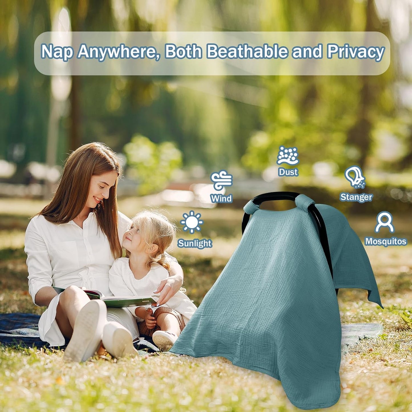 Hooyax 2-in-1 Baby Car Seat Cover & Nursing Cover, 100% Muslin Cotton, Breathable Car Seat Canopy and Privacy Breastfeeding Cover, Blue