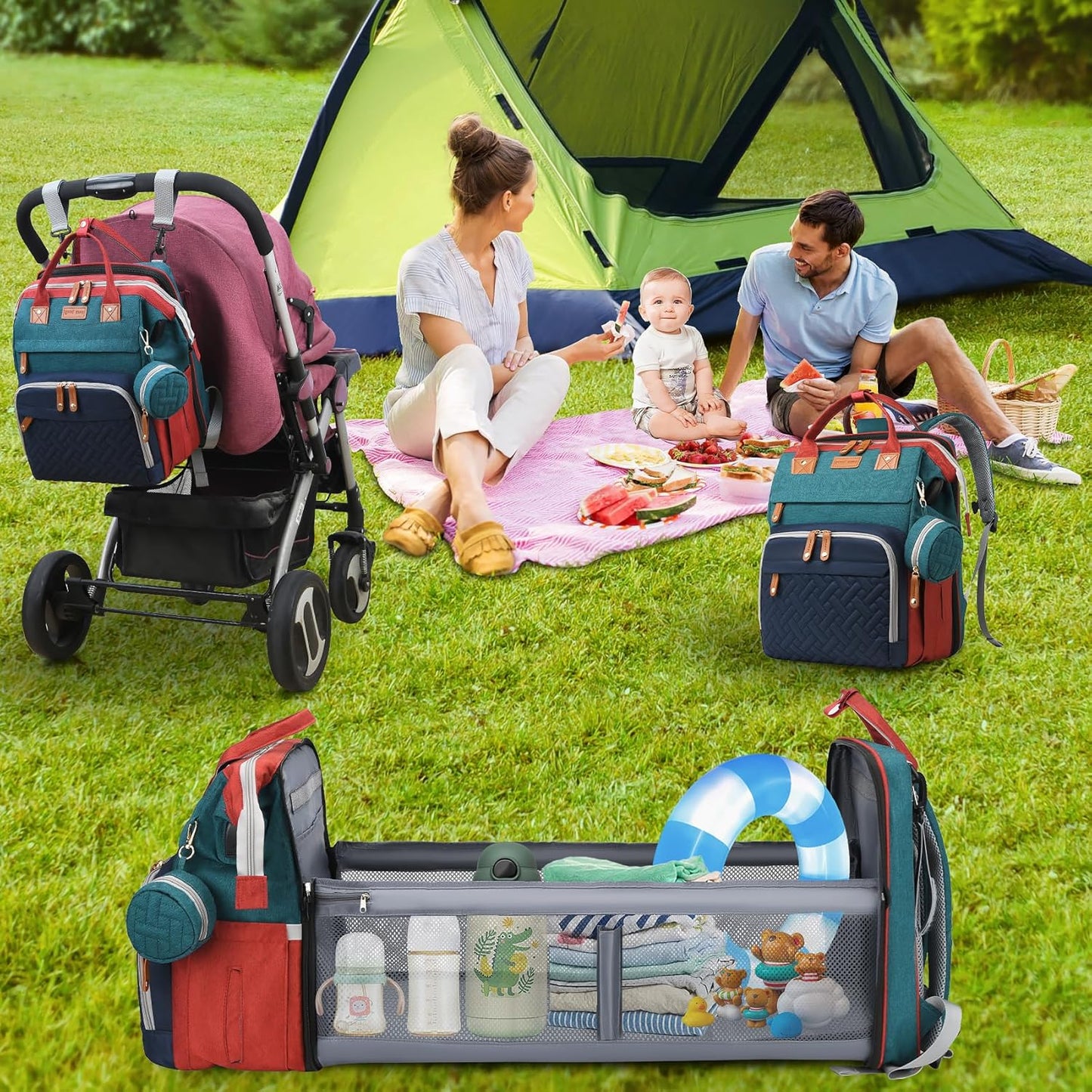 Baby Diaper Bags with Changing Station, Large Capacity Diaper Bag Backpack for Moms Dads with USB Charging Port,Travel Baby Bag with Pacifier Case & Stroller Straps(Up-Multicolor)