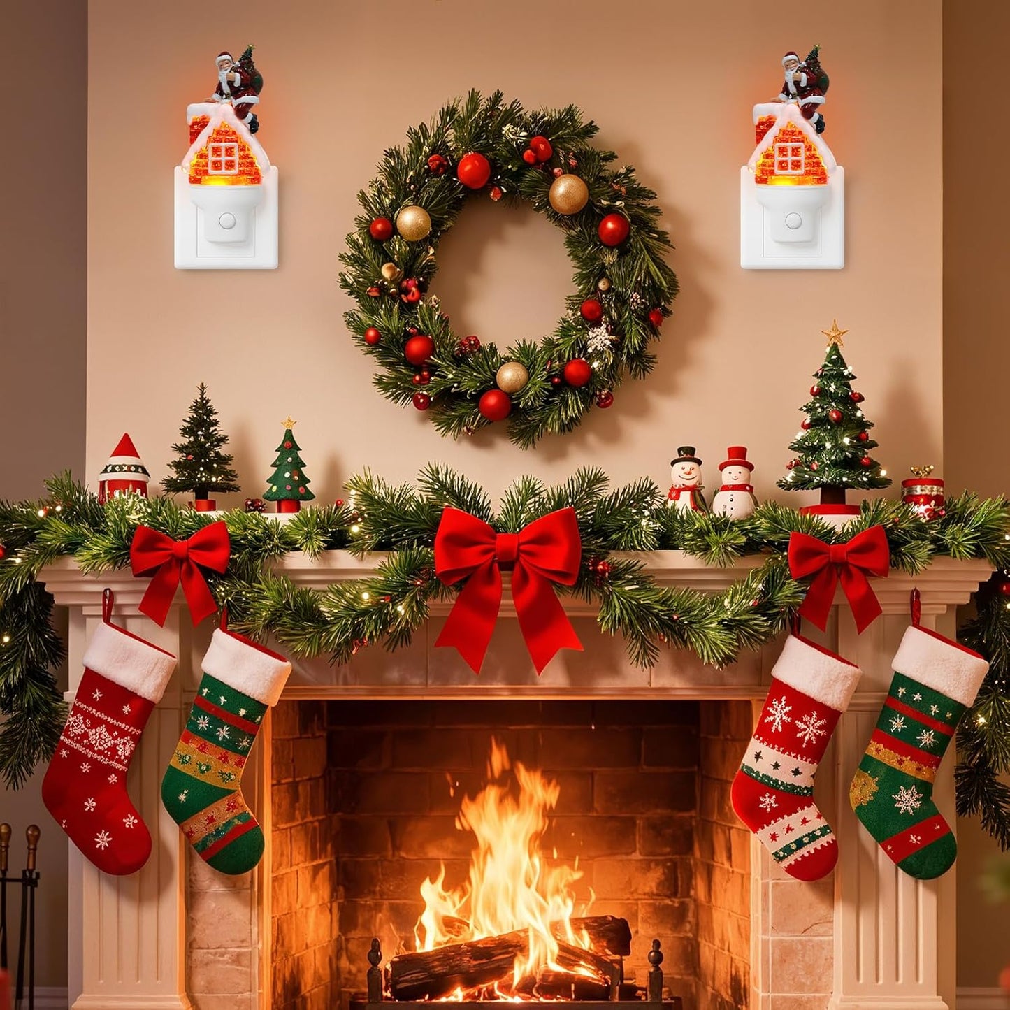 2 Pack Christmas Santa Night Light Plug into Wall Glitter Water Nightlight with USB/Outlet Options, Christmas Decorative Nightlight for Bedroom Kitchen Hallway Holiday Decorations Gifts (Santa)