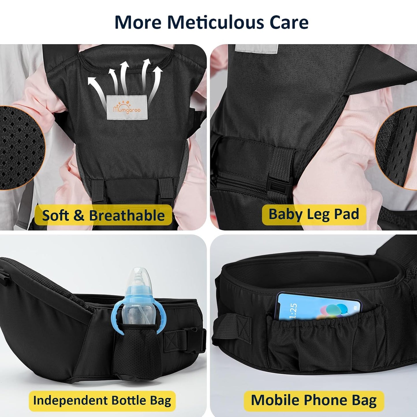 Baby Carrier with Hip Seat, 6-in-1 Baby Carrier Newborn to Toddler, Detachable Hands-Free Infant Carrier, One Size Fits All, All Seasons, Black