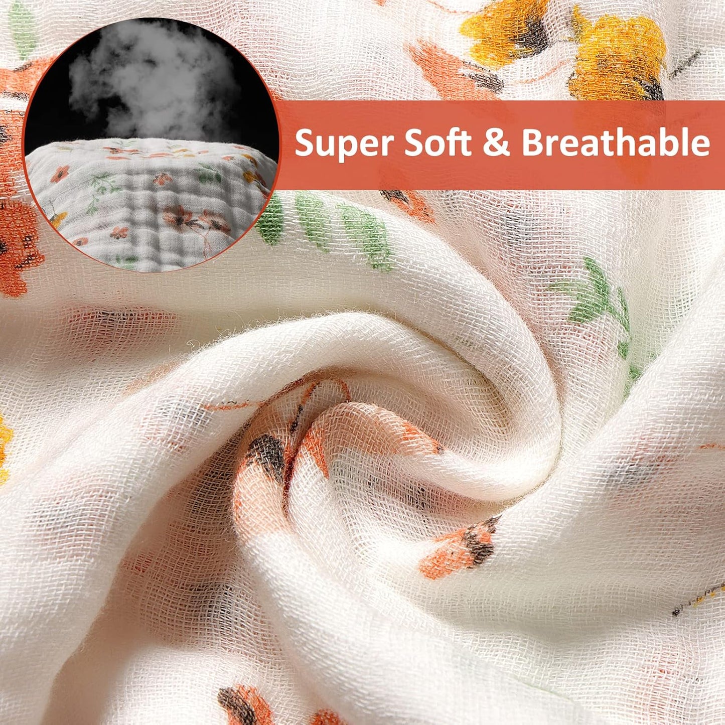 Viviland Baby Muslin Burp Cloths, 100% Cotton Super Absorbent Washcloths for Baby Girl and Boy, 10 x 20 inches 6-Layer Baby Bath Towels, Floral Pattern 4 Pack