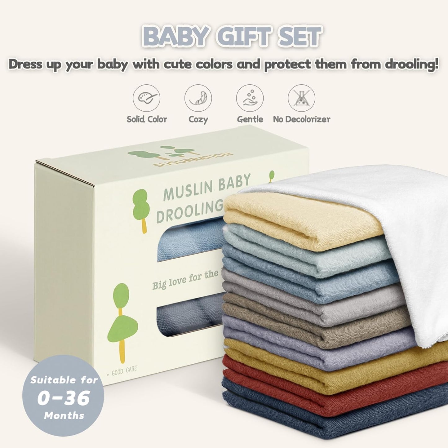 Susurration Muslin Baby Drool Bibs 10Pack Soft Square Adjustable Bandana Bibs for Unisex Baby Girls & Boys