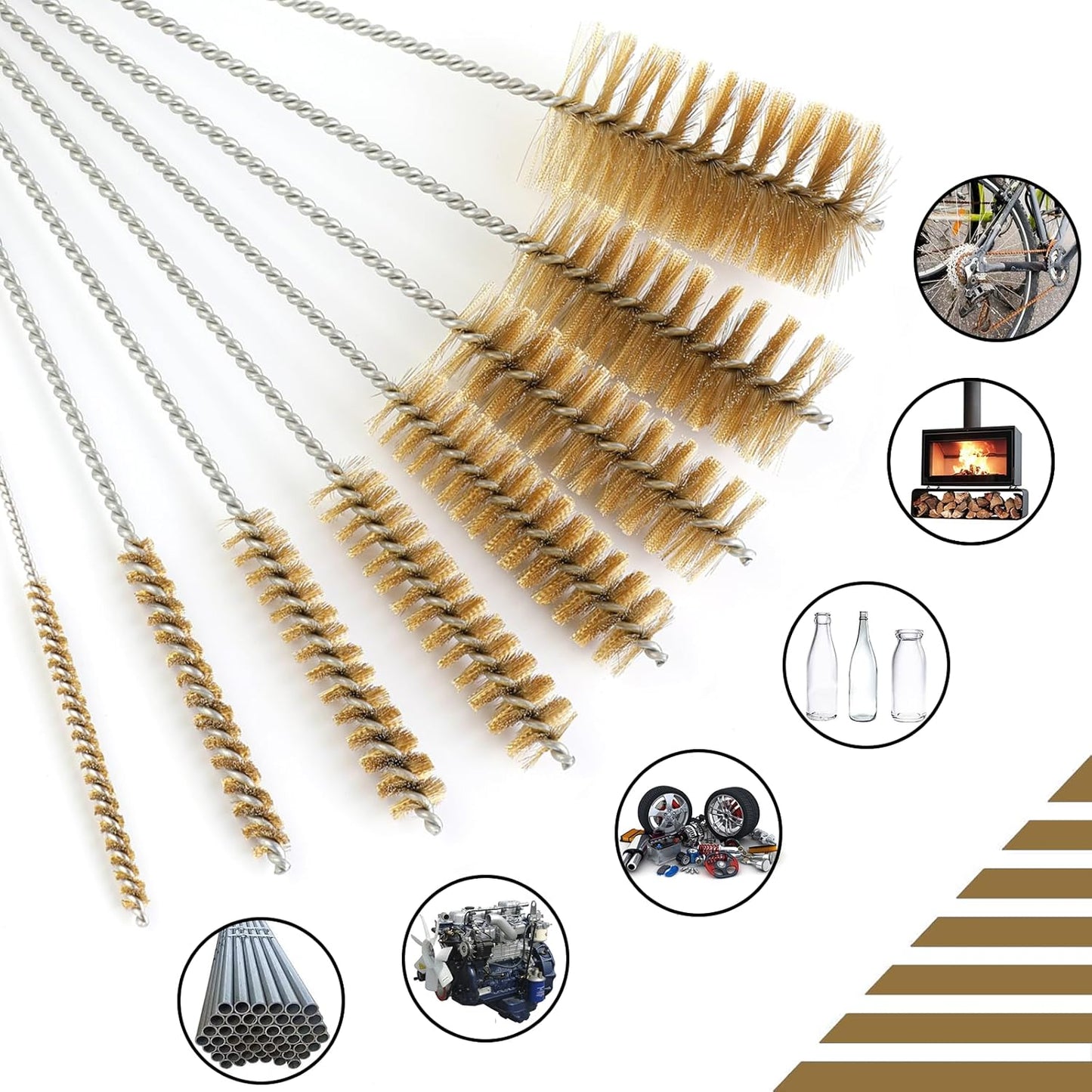 12 Inch Long Brass Tube Brushes for Pipe Cleaning Set with Brass Bristles, Tube Bottle Brush Kit, 8 Sizes for Auto Parts, Bottles, Guns, Tubes, Etc, Yellow, WMXX-BRASS-12