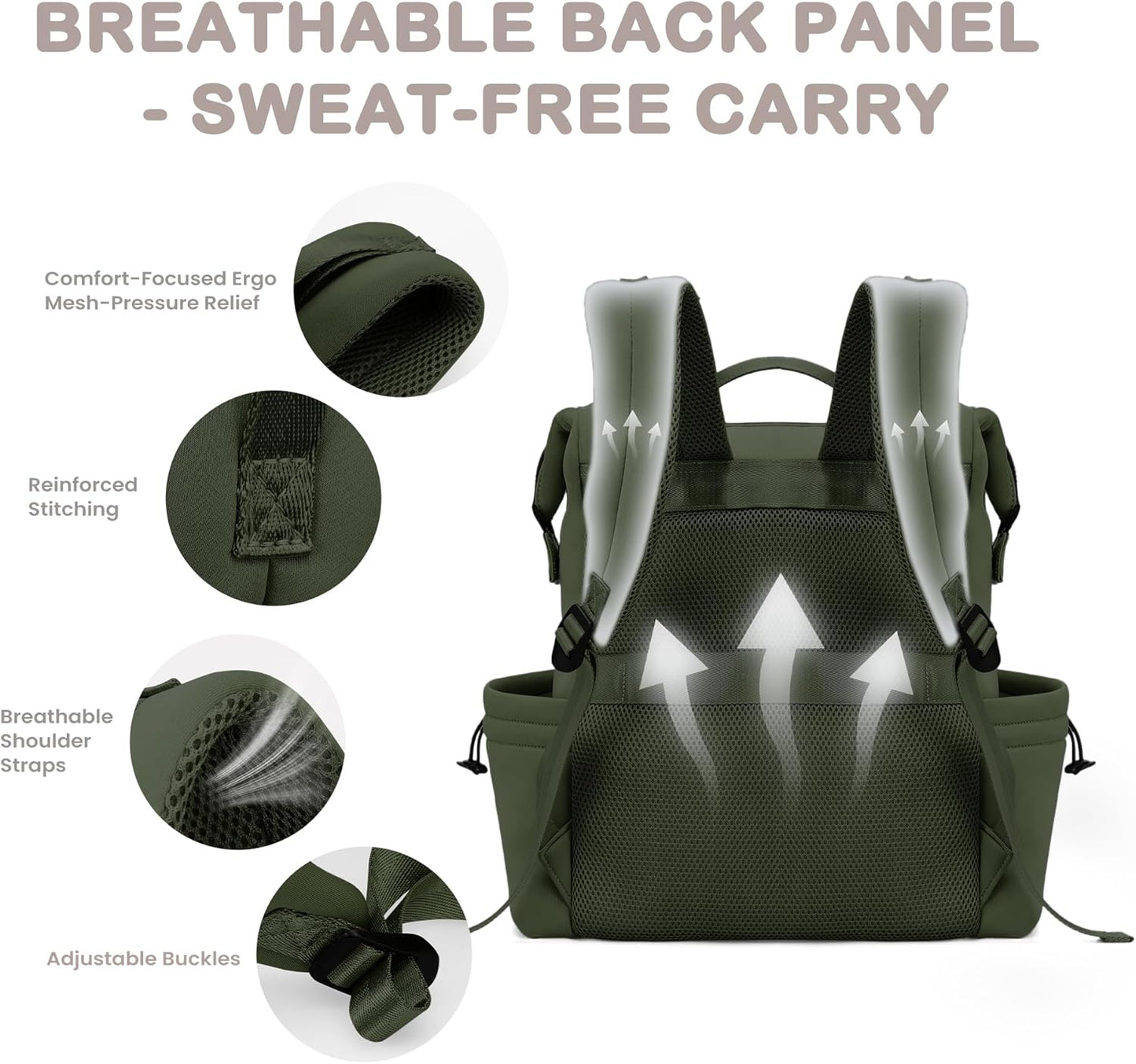 VONAL Neoprene Diaper Bag Backpack with Changing Pad, 33L Large Capacity Neoprene Backpack Baby Diaper Bag with Insulated Pockets, Travel Diaper Backpack Baby with 12 Pockets for Mom & Dad, Green