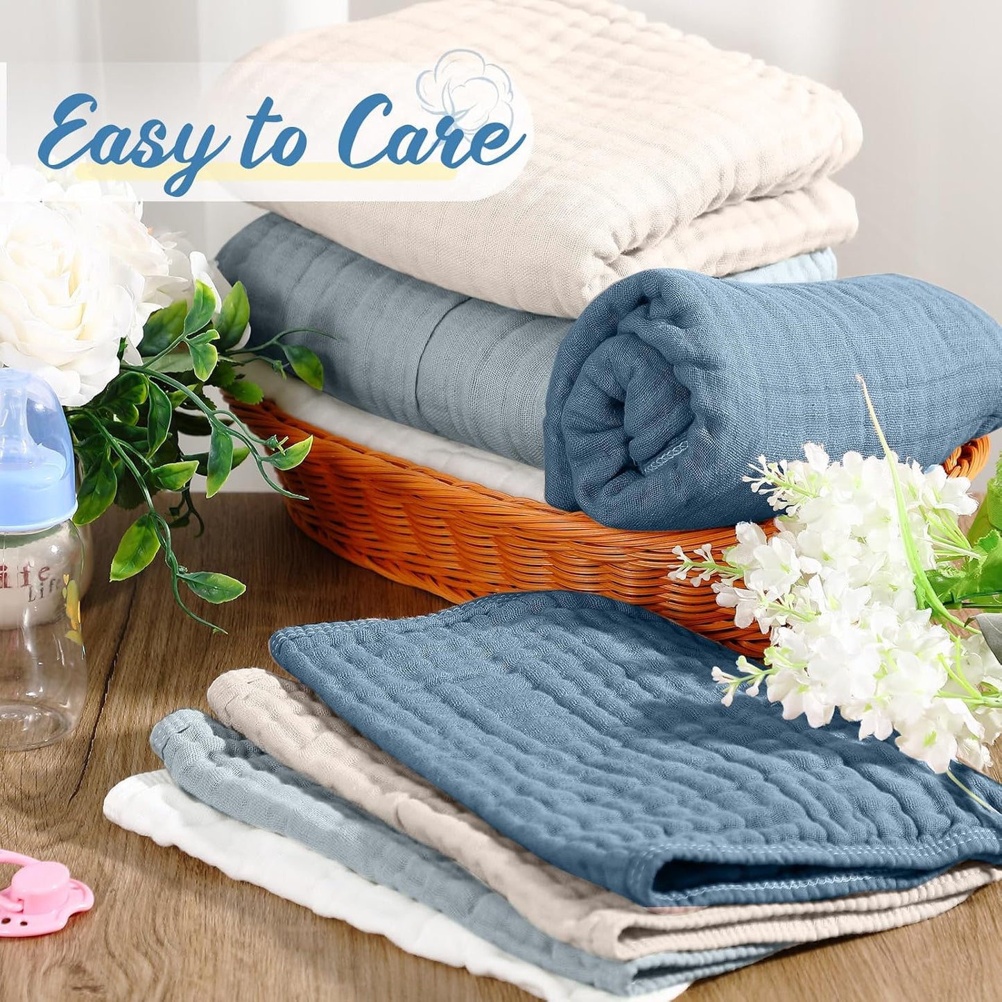 VitalCozy 8 Pcs Baby Muslin Hooded Bath Towels and Washcloths, 32 x 32 Inch Muslin Cotton Hooded Baby Towels Absorbent Hooded Blankets for Gift Newborn Infant Shower (Blue,White)