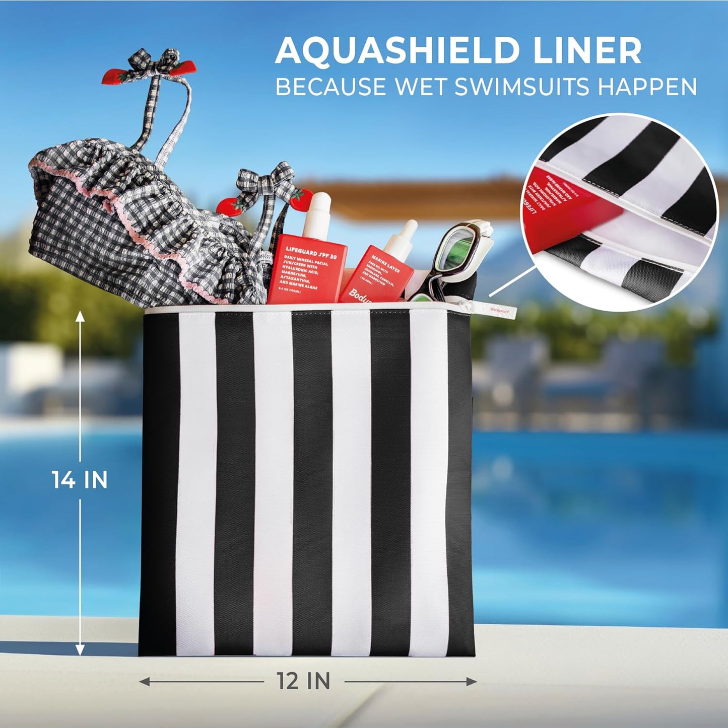 Bodysurf Wet Bag for Swimsuit, Beach, Pool, Gym, Travel, Dirty Laundry - Wet Bags for Baby, Kids, Toddlers, Pump Parts, Cloth Diapers - Reusable Waterproof Striped Makeup & Toiletry Pouch - Black