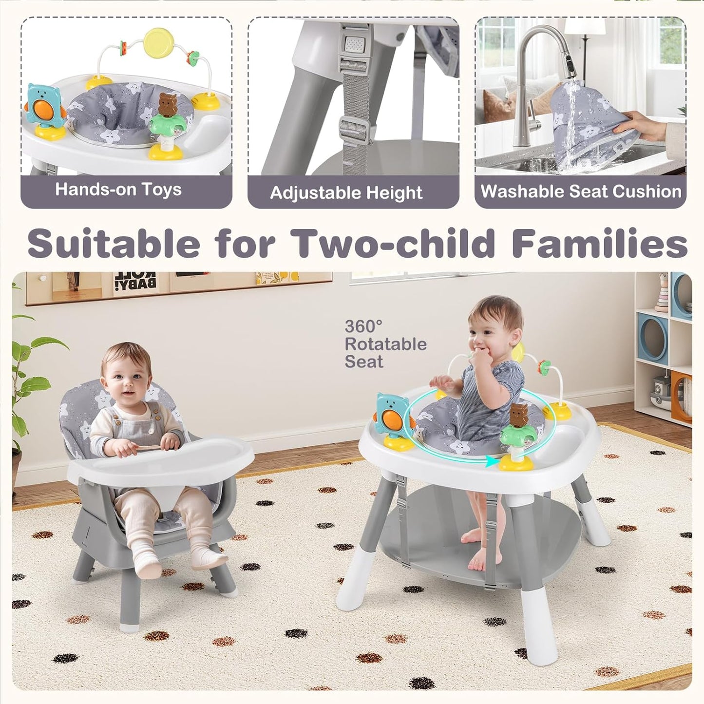 KOTEK 16 in 1 Convertible High Chair, Baby Highchair & Activity Center with Toys, Booster Seat, Building Block Table, Toddler Chair with 5-Point Harness, Removable Tray & Cushion (Gray)
