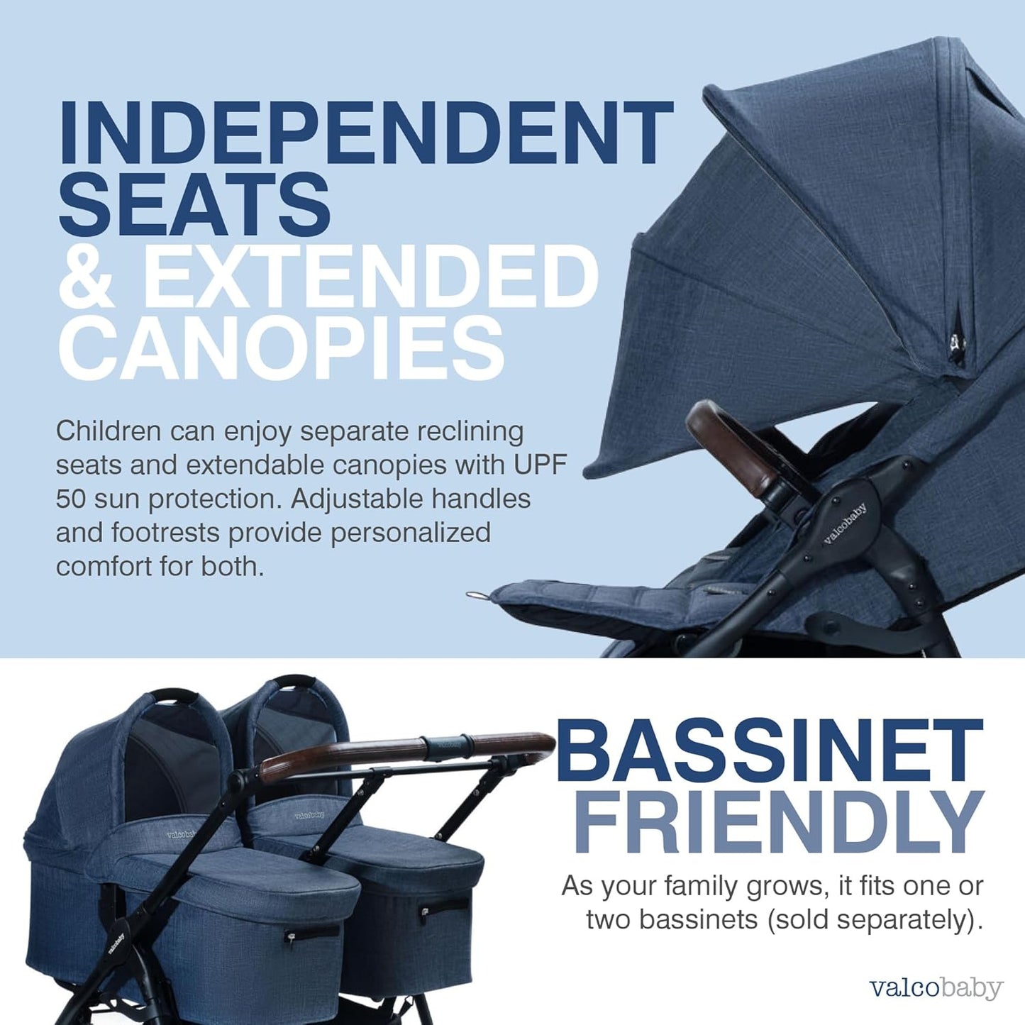 Valco Baby Trend Duo Light Weight Side by Side Double Stroller 2025 (Denim Blue) - Easy and Compact fold, Multi-Position Recline, Large Canopy, Independent Twin Vents and More - Luxurious Twin Pram