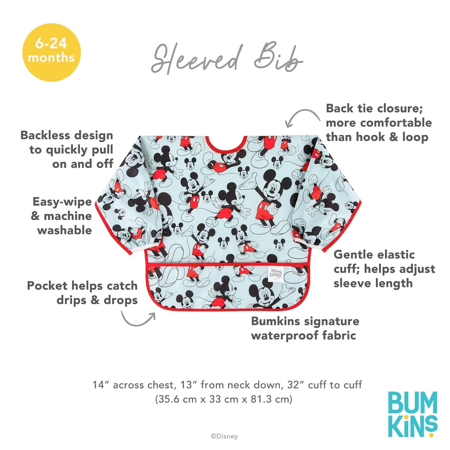 Bumkins Disney Bibs, Baby and Toddler Girls and Boys 6-24 Months, Long Sleeve, Essential Must Have for Eating, Feeding, Mess Saving Lightweight Waterproof Fabric Sleeved Smock, Mickey Mouse Classic