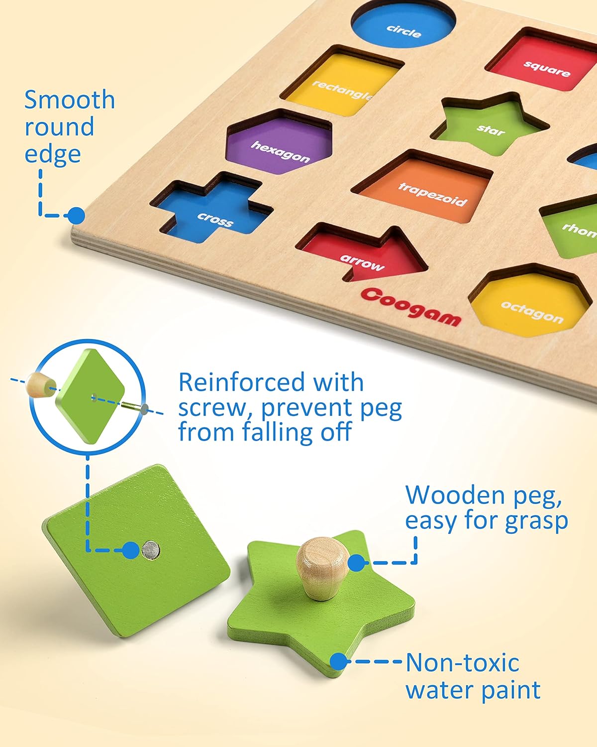 Coogam Montessori Toy Wooden Shape Peg Puzzle, Fine Motor Color Matching Sorting Board, Early Learning Educational Activity Toy Gift for Preschool Toddler Baby 3 4 5 Year Old