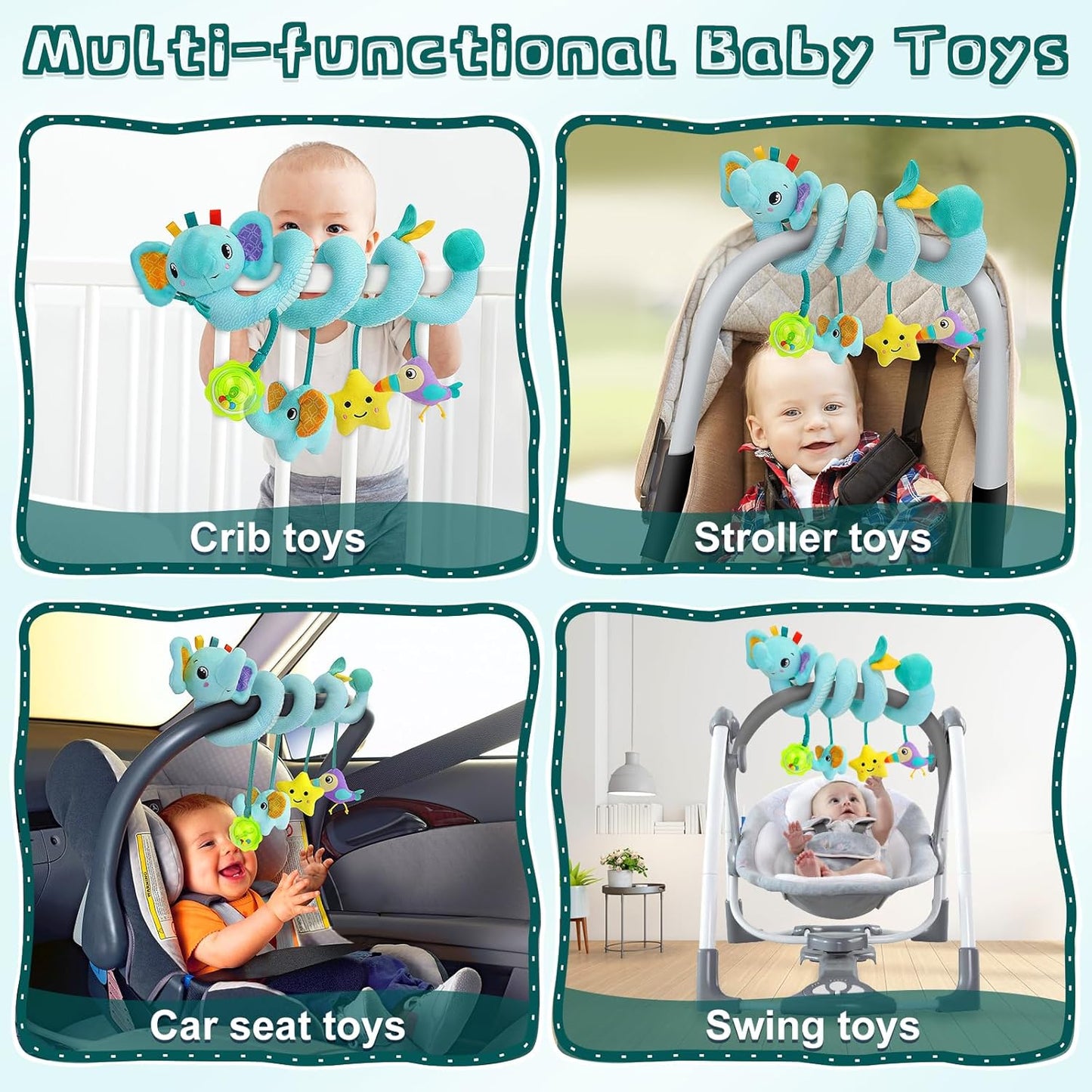 FPVERA Spiral Car Seat Activity Toy, Stroller Arch Baby Crib Hanging Toy with Rattle, Squeaky, Ringing Bell for Bassinet, Stroller, Crib for Infant Newborn Boy Girl Ages 0-12 Months