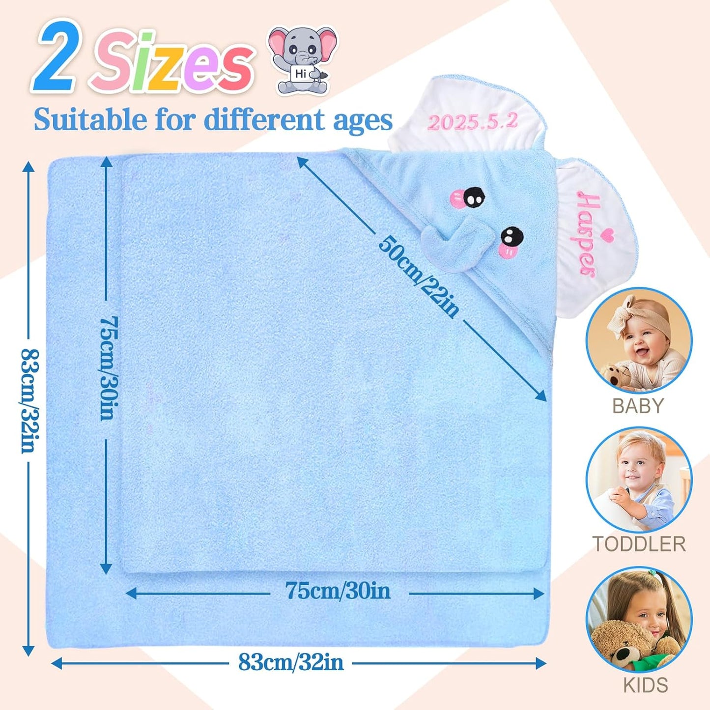 Custom Hooded Baby Towel with Name, Personalized Soft Absorbent Elephant Bath Towel, Shower Towels for Girls Boys, Easter Brithday for Baby, Toddler, Newborn Essential