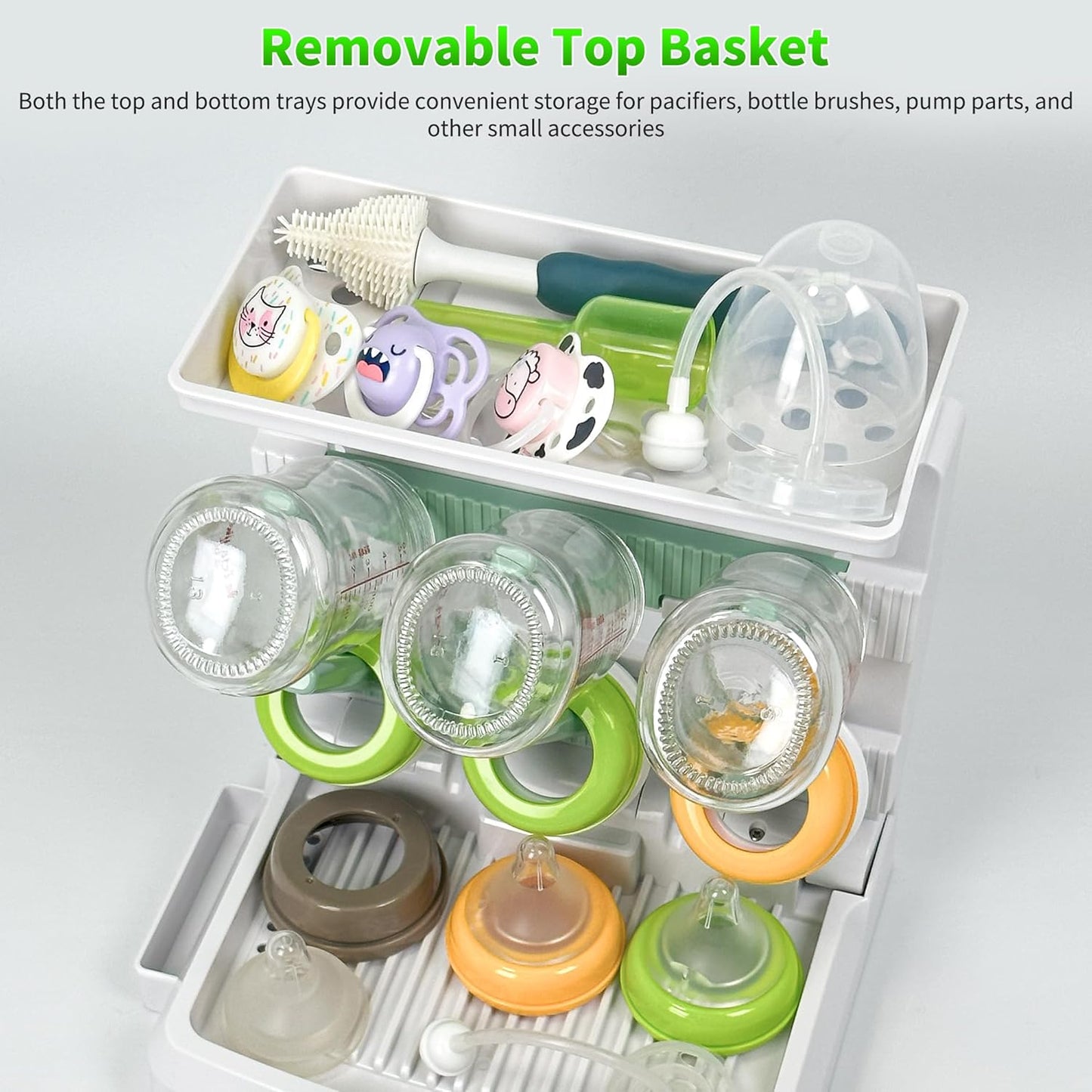 Baby Bottle Drying Rack for 6 Bottles, Vertical Cup Drying Holder, Space Saving Countertop Standing Bottle Dryer Rack for Baby Accessories & Pump Parts(Small White&Green)