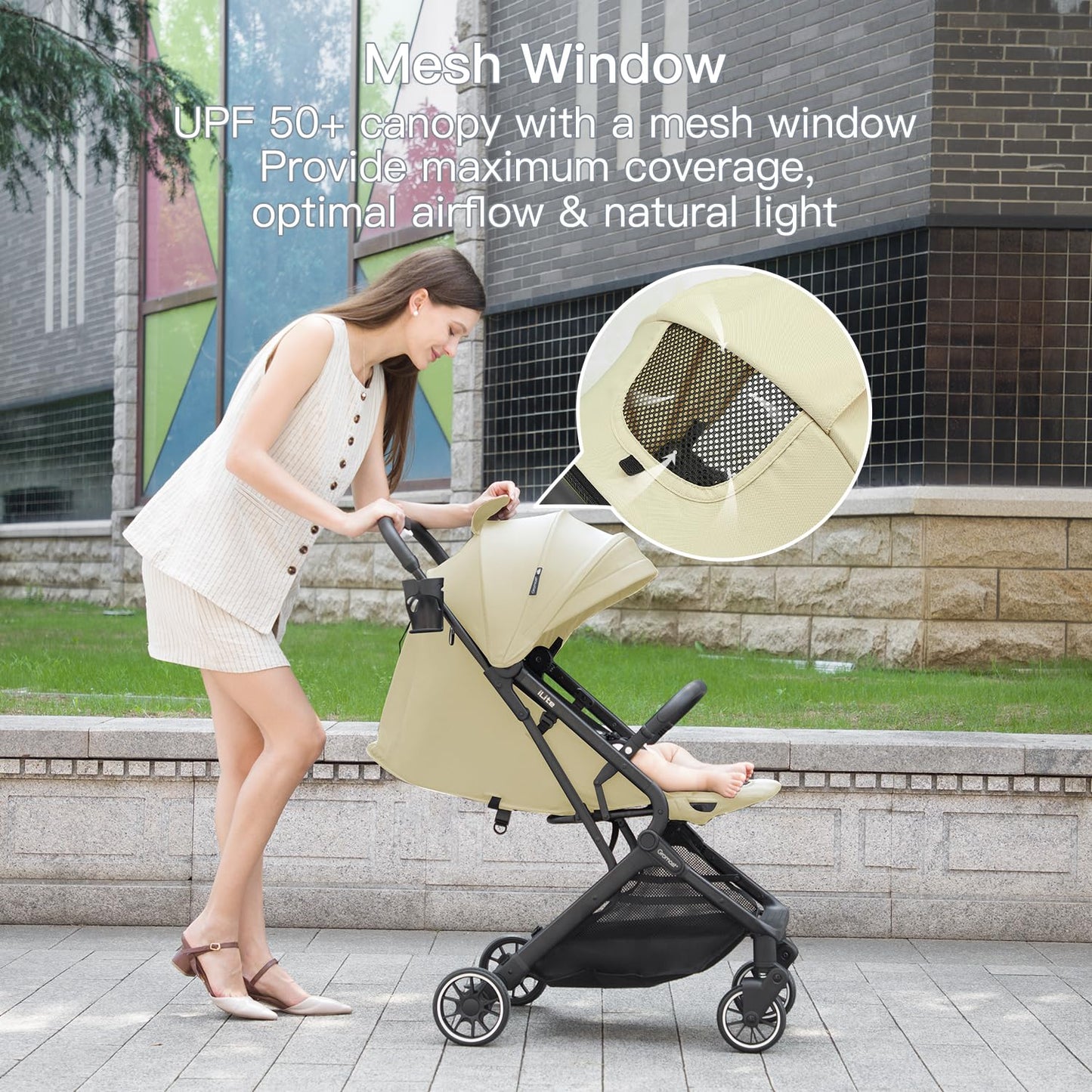 Compact Fold Baby Stroller, Lightweight Travel Toddler Stroller with One-Click Fold, Extendable UPF50+ Canopy, Cup Holder, UV Protected and Waterproof, One-Hand Folding - Beige