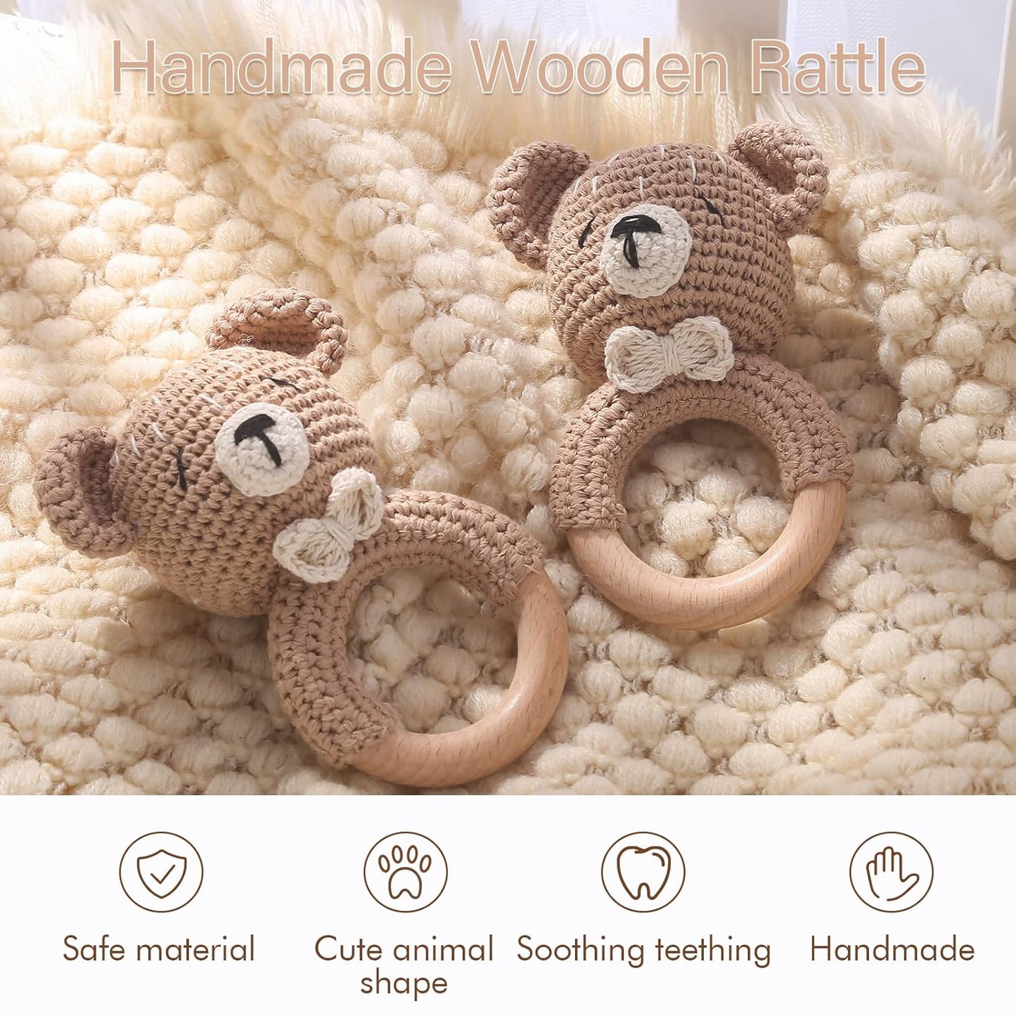 WOODEN TEETHER Baby Rattle, Shaker Toy,Crochet Baby Rattle, Crochet Baby Toys, Organic Wooden Newborn Toys, Newborn Animal Rattle Toys,Knitted Stuffed Animals Gifts for Baby, Kahki Bear