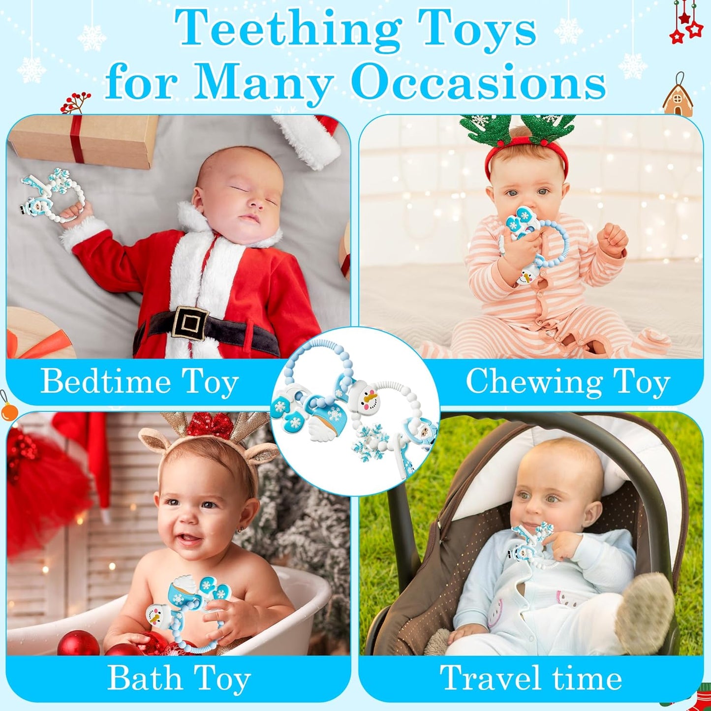 2Pcs Christmas Baby Silicone Teething Toys - Santa and Sleigh Ring, Soft Snowman Snowflake Teether for Toddlers - Chew Toy Gifts for Baby Boys and Girls