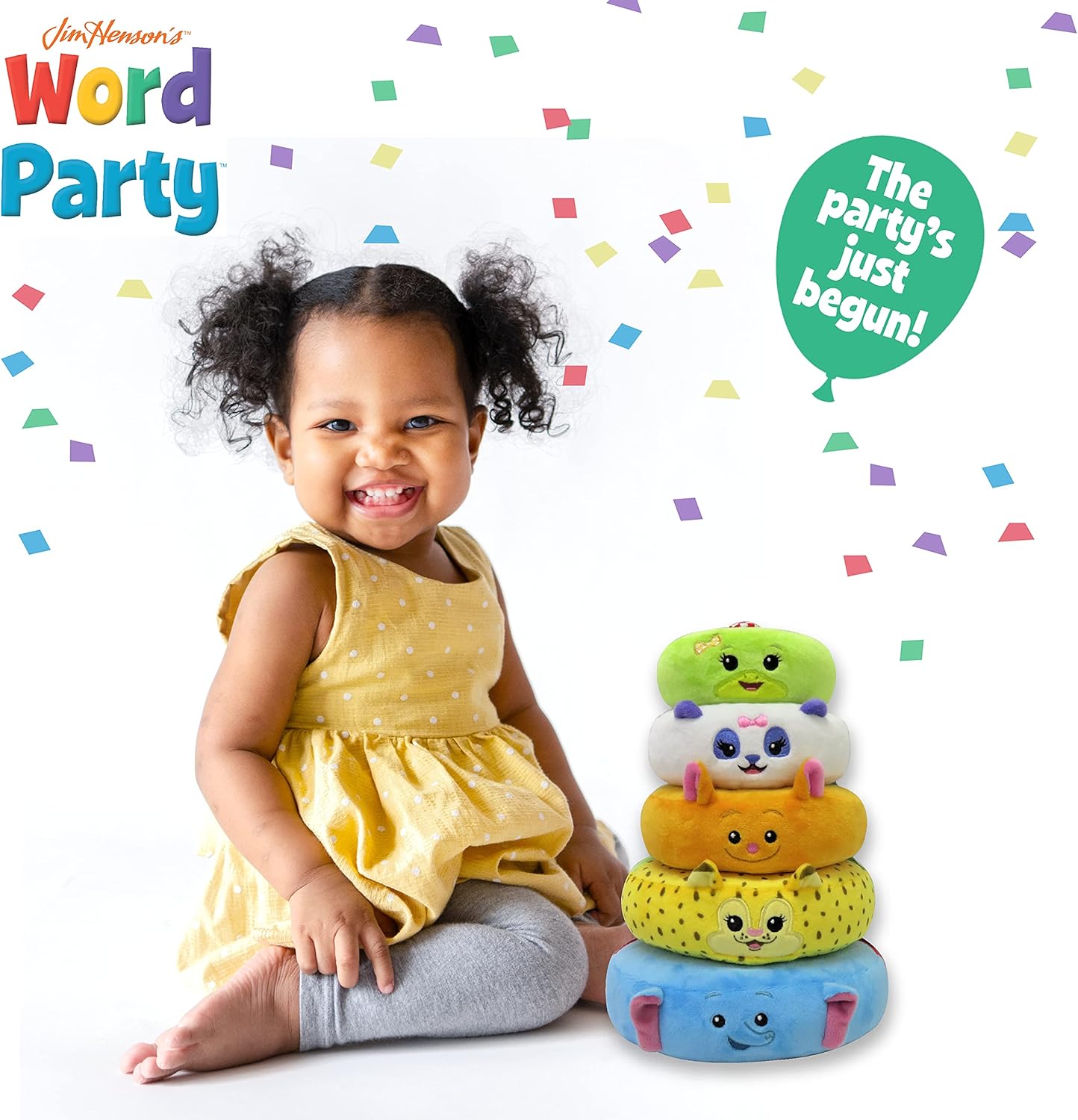 Word Party Plush Stacking Toy- Stack and Sort Colorful Word Party Characters- Encourages Hand-Eye Coordination and Motor Skills for Babies and Toddlers