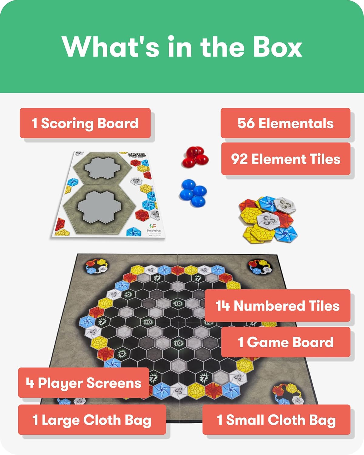 Simply Fun Matter Board Game – Area Control Strategy Game for Teens and Adults Ages 10+ – Includes Game Board, 92 Element Tiles, 56 Elementals, 14 Matter Tiles, 4 Player Screens, 2 Bags – 2-4 Players