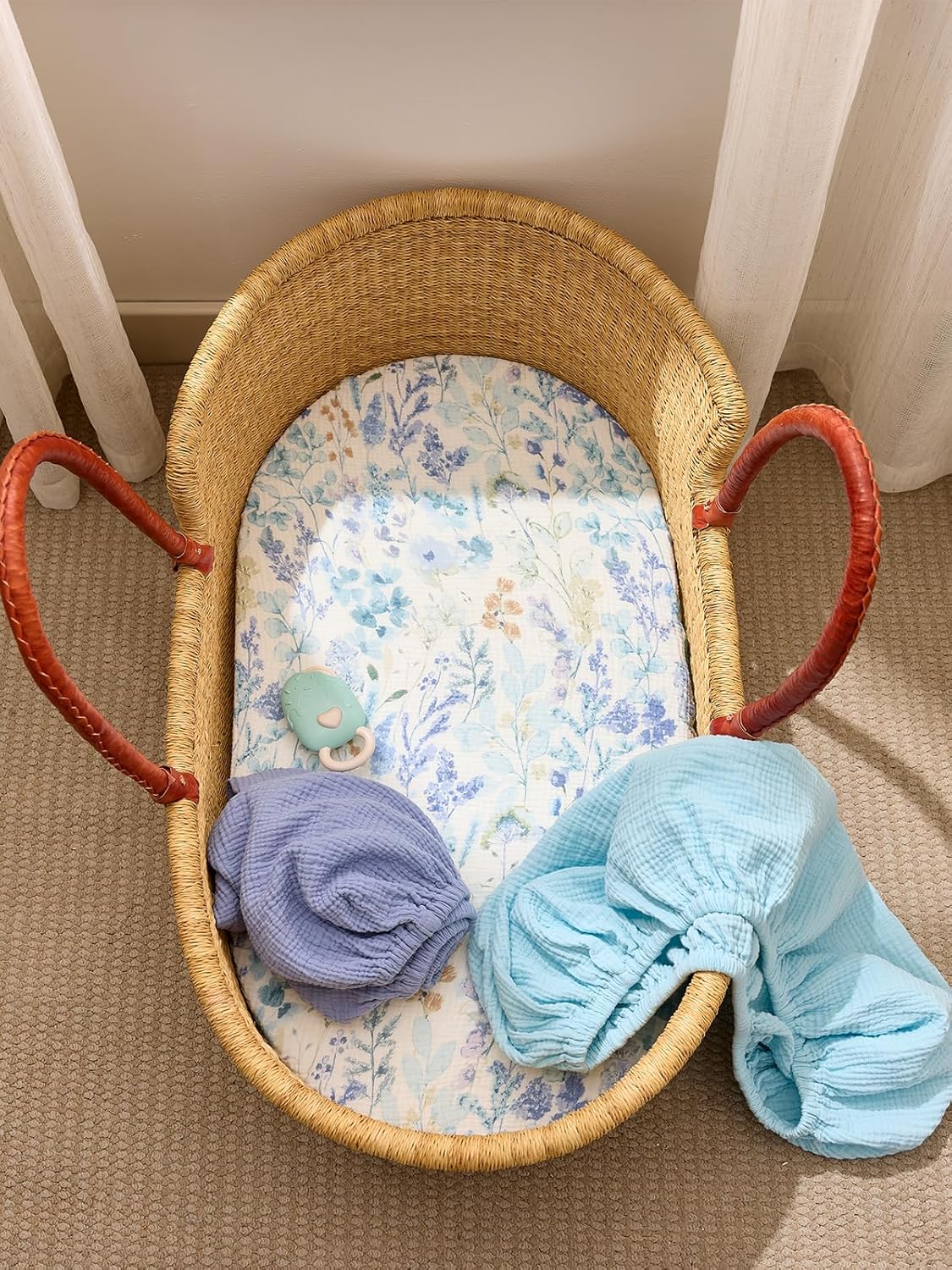 TILLYOU Muslin Bassinet Sheets for Baby Boys Girls 3 Pack, Soft Breathable Elastic Cotton Bassinet Mattress Sheets, Fit Hourglass Oval Rectangle Cradle Mattress, 33"X17",Blue Flower