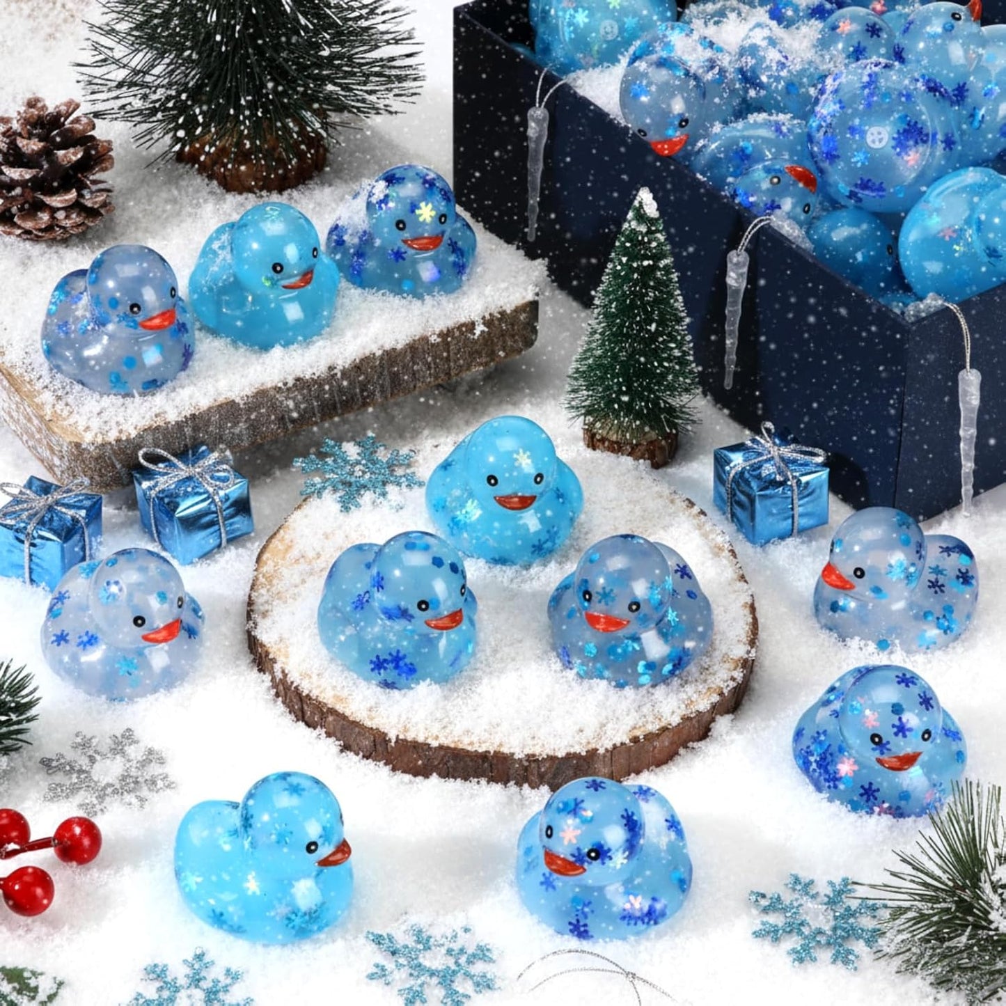 100 Pcs Winter Rubber Ducks Bulk Squeaky Floating Bath Snowflakes Duck Toys for Birthday Christmas Party Gifts Supplies Class Prizes Decorations Party Favors