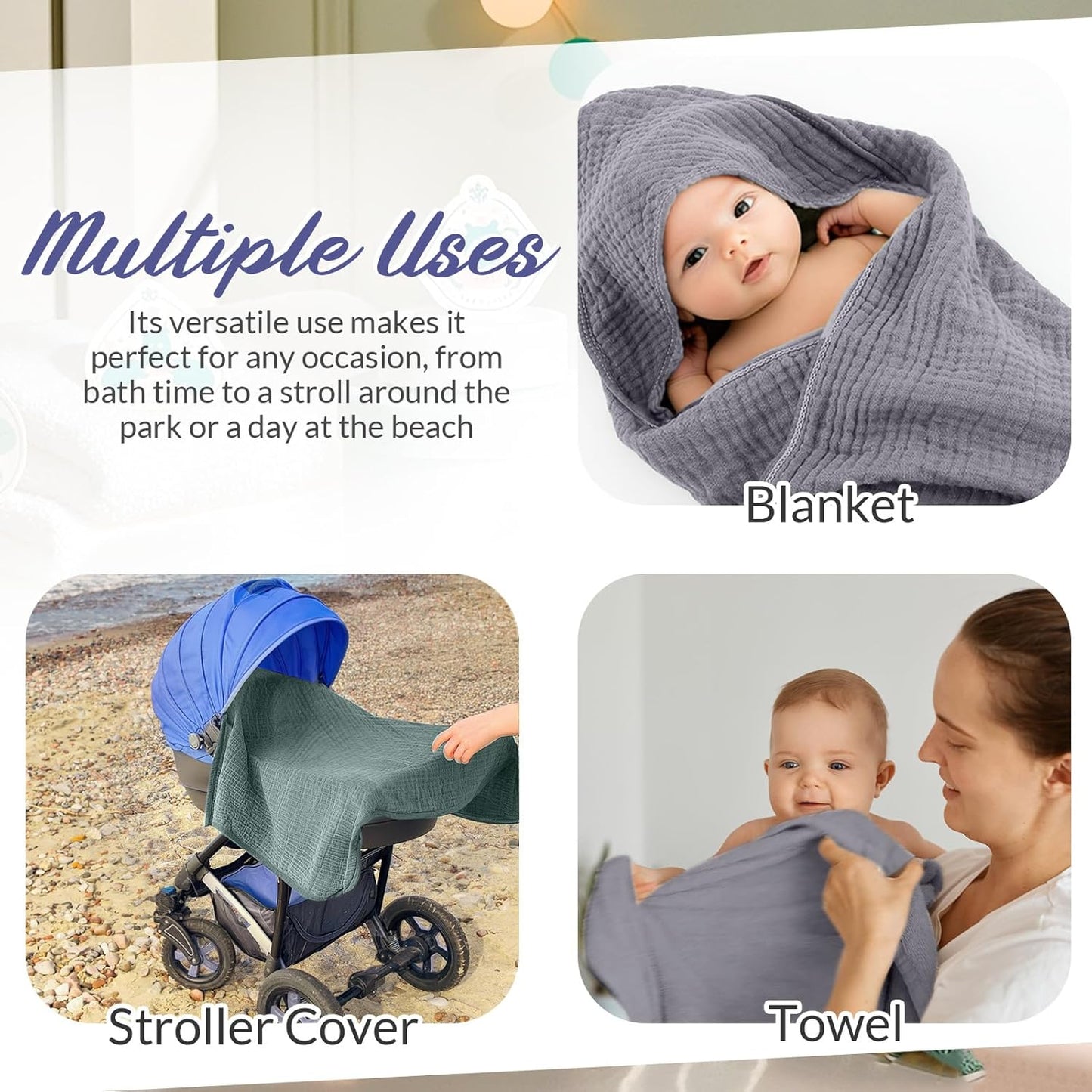 6 Pcs Muslin Hooded Bath Towels Washcloths and Bibs Set, Muslin Cotton Baby Towels Absorbent Hooded Blanket Towel Infant Bibs for Boys Girls Newborn Infant Essentials(Gray, Green)