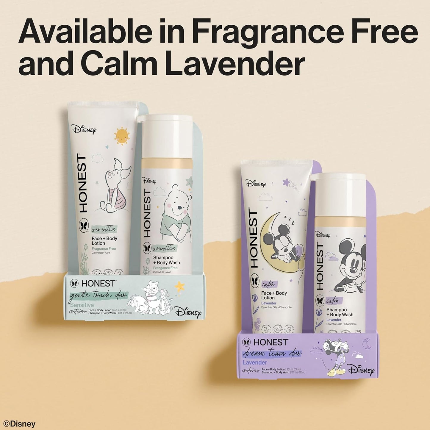 The Honest Company 2-in-1 Cleansing Shampoo and Body Wash and Face and Body Lotion Bundle and Disney Design Gentle Enough for Baby Dermatologist Tested Calm Lavender 18.5 fl oz