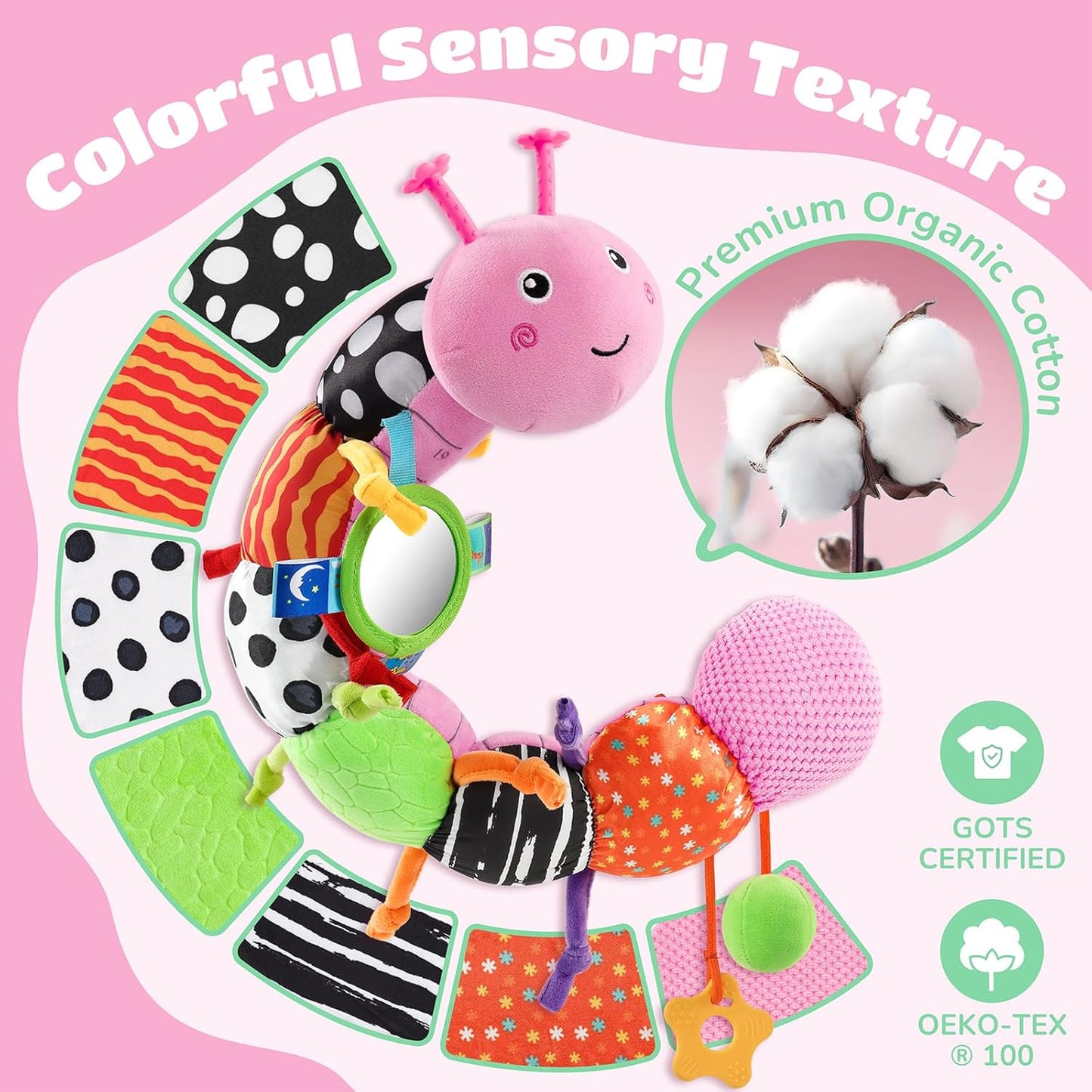 Baby Toys 6-12 Months Music Caterpillar Infant Toys Stuffed Animals 0-3-6 Months Teething Tummy Time Sensory Toys with Mirror Rattle&Pull String for Boys Girls Birthday Gifts|Pink,Knot Limb