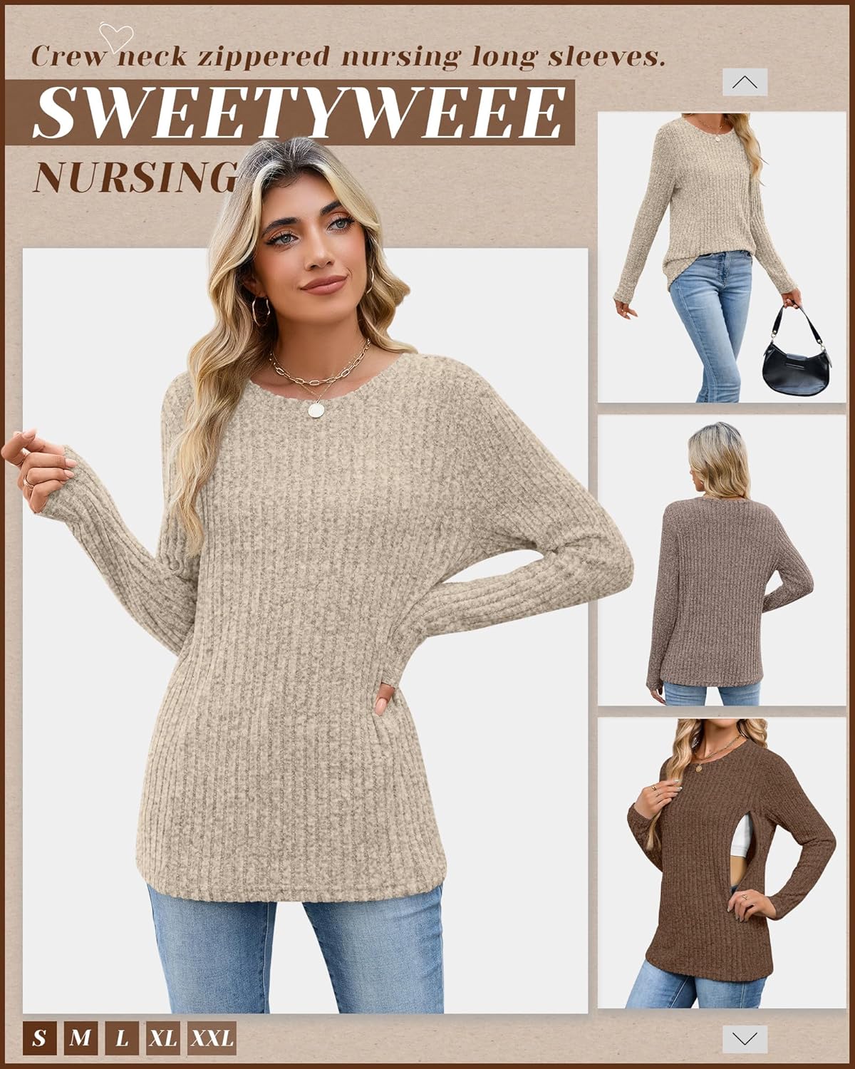 3 Pack Women's Nursing Long Sleeve Tops Breastfeeding Thermal Sweaters with Hidden Zipper Maternity Ribbed Shirts