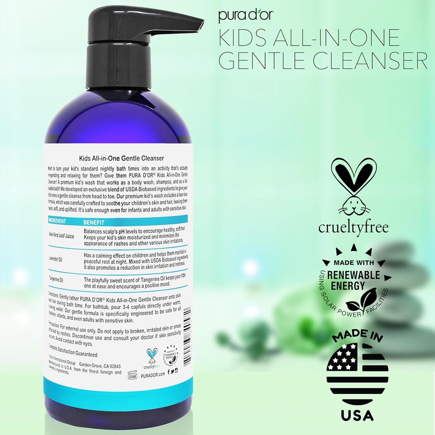 PURA D'OR Kids Wash (16oz x 2 = 32oz) All-in-One Gentle Cleanser - USDA Biobased, Sulfate-Free, Tear-Less, Hypoallergenic, Premium, Shampoo & Bubble Bath