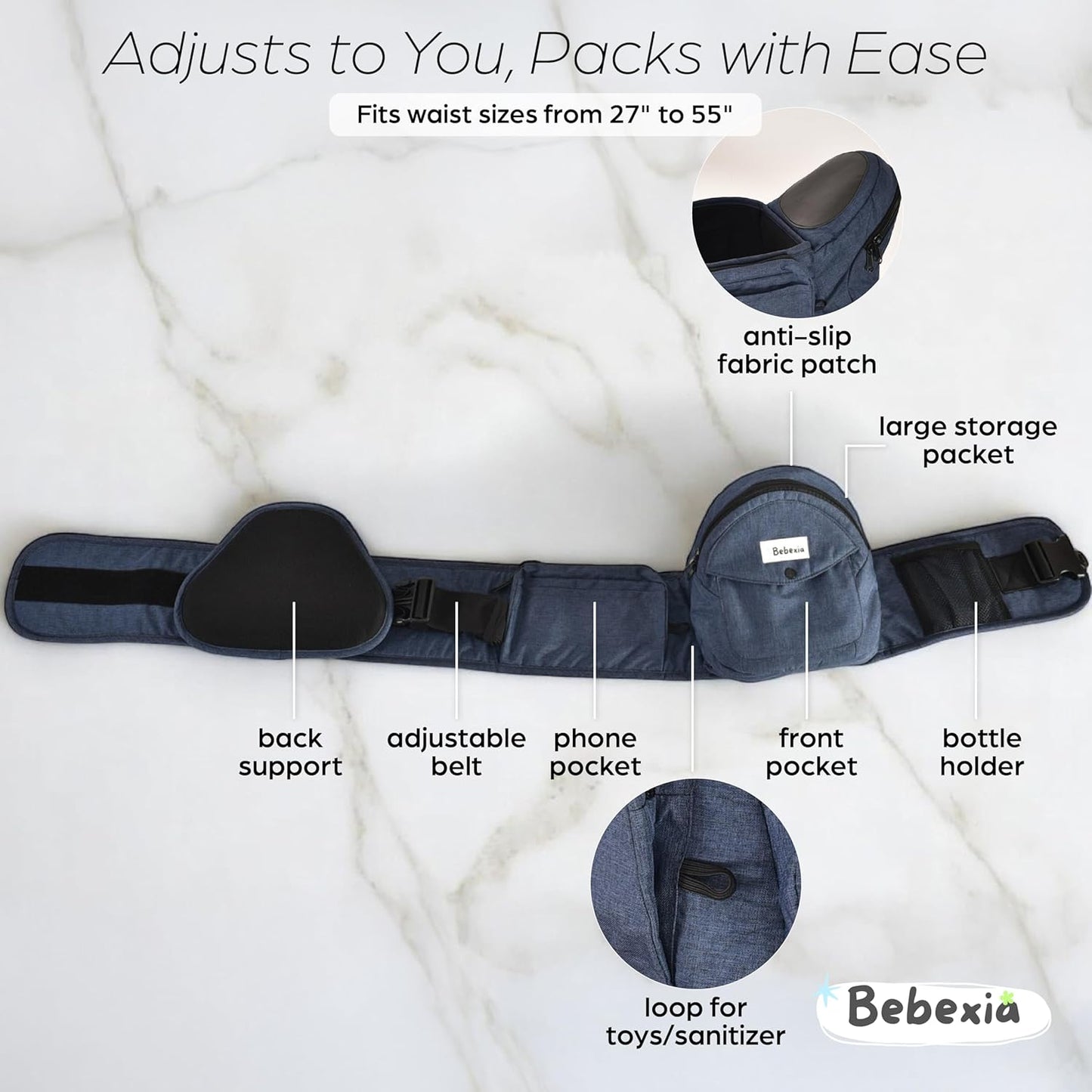 Baby Carrier with Hip Seat - with Lumbar & Back Support – Adjustable Waistband with Strong Support - Health Certified, Machine Washable, Fits Medium–Large (Black) (Blue)