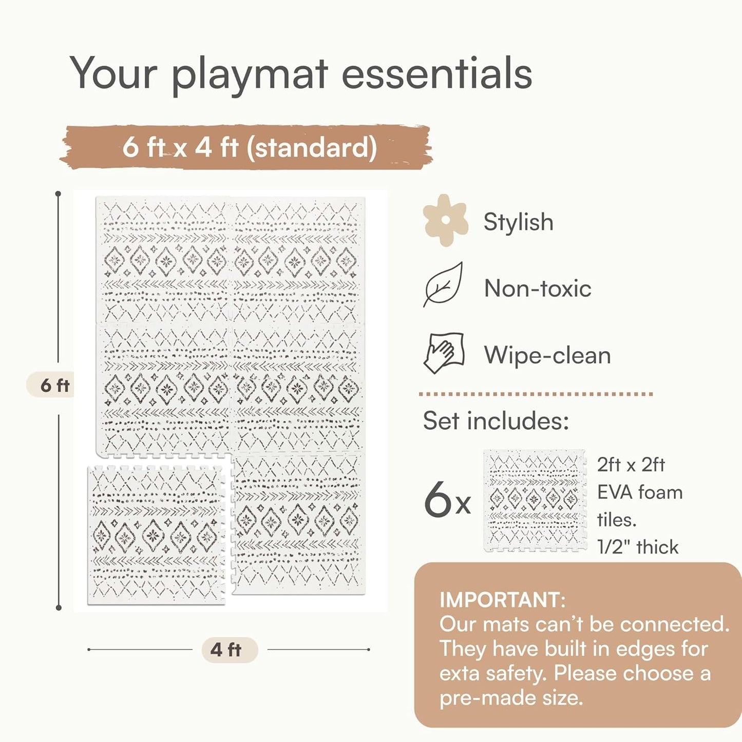 Lillefolk Baby Play Mat for Floor – 4x6ft Boho | Soft Non Toxic Premium EVA Foam Tiles for Tummy Time, Crawling & Playroom – Waterproof Interlocking Floor Mat for Babies & Toddlers (6 Tiles)