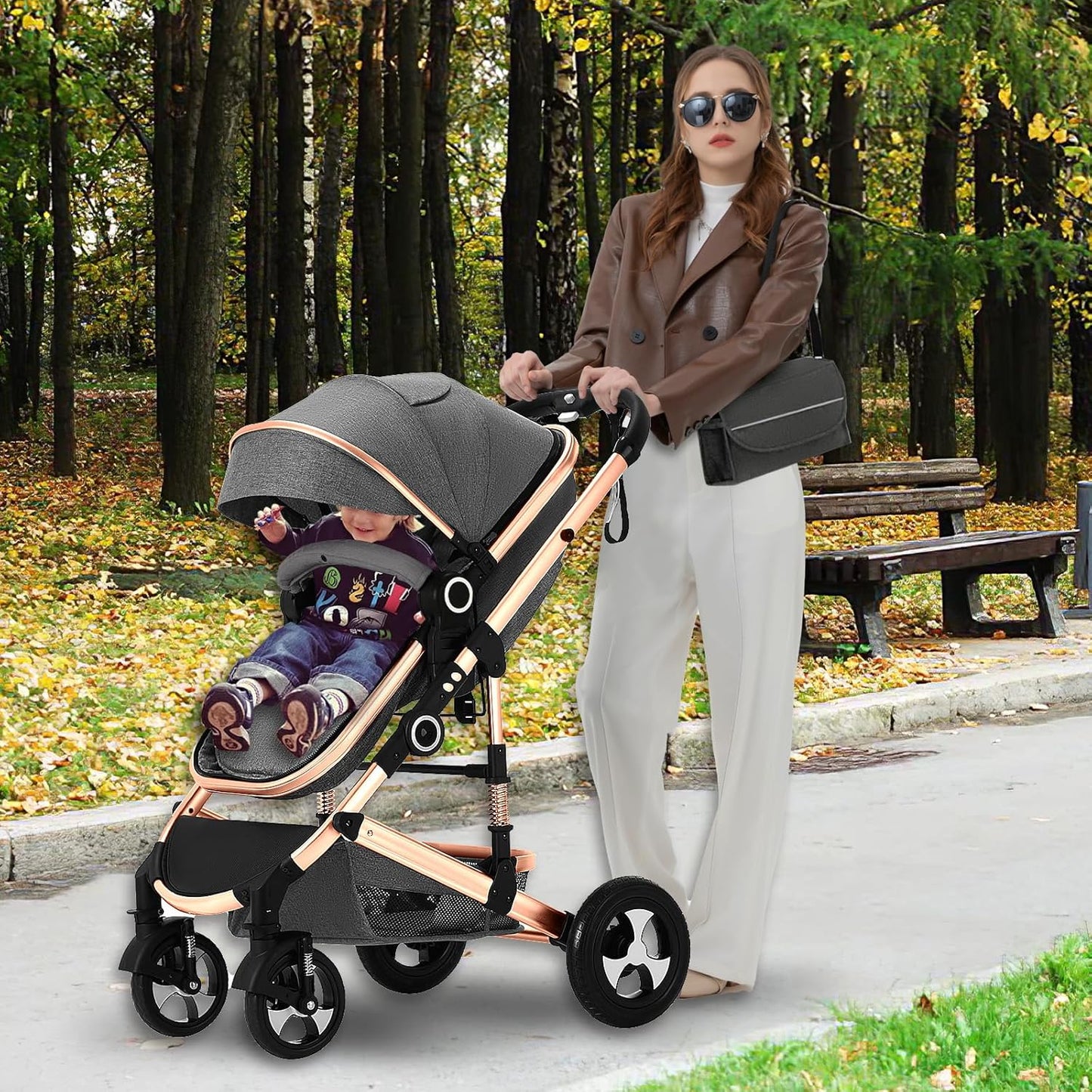 Kinder King 2 in 1 Convertible Baby Stroller, Folding High Landscape Infant Carriage, Newborn Reversible Pram, Adjustable Canopy, Diaper Bag, Anti-Shock Toddler Pushchair Stroller, Gold