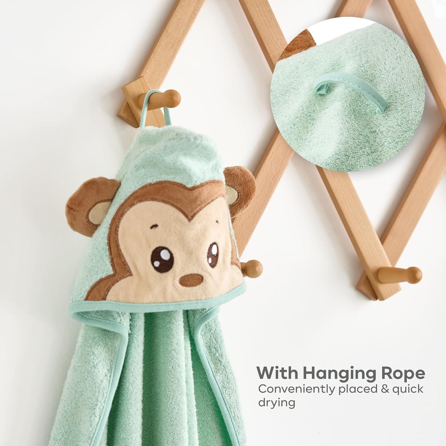 Bamboo Baby Towels with Hood β Mint Green 35x35β | Ultra-Soft Rayon from Bamboo & Cotton Bath Wrap | Adorable Monkey Hood for Newborns, Infants & Toddlers for Boys & Girls