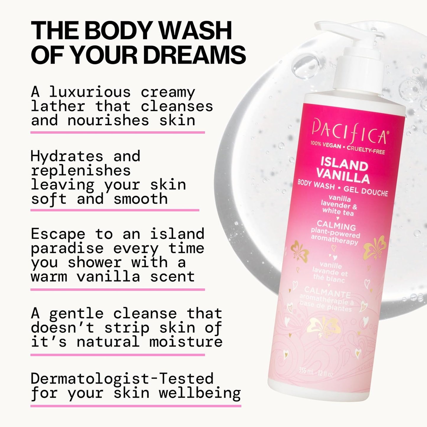 Pacifica Island Vanilla Body Wash Aloe + Hyaluronic Acid, Daily Cleansing, Bath & Shower Gel, Essential Oils, Clean, Vegan + Cruelty & Paraben Free, Clean Beauty Vegan Dermatologist Tested, 12 Fl Oz