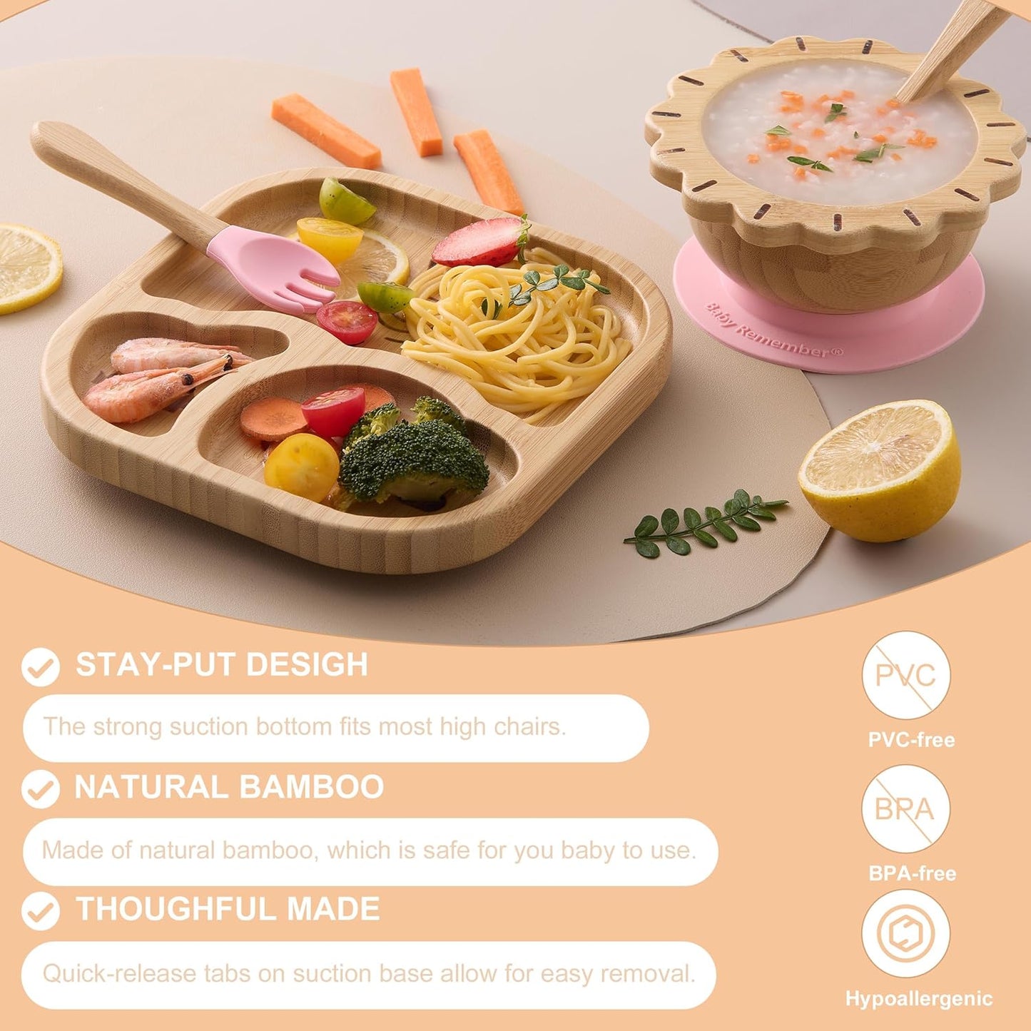 Suction Plates Bowls Set for Baby Toddler Non-Toxic Bamboo Feeding Set with Silicone Fork & Spoon (Pink Feeding Set)