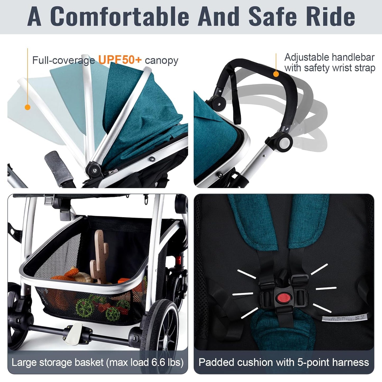 Baby Stroller, 2-in-1 Reversible Toddler Seat with Bassinet Mode, Foldable Infant Stroller with Canopy, One Button Brake, Adjustable Handle, Newborn Pushchair(Blue)