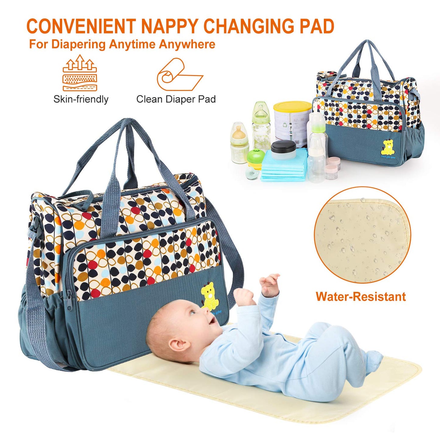 5PCS Diaper Bag Tote Set for Baby Essentials – Large Baby Bags for Mom, Waterproof Maternity Bags with Bottle Bag, Food Bag & Changing Pad (Gray)