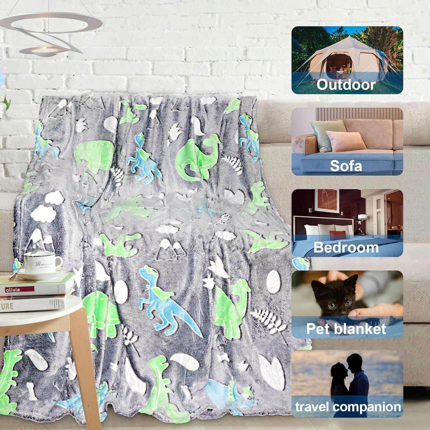 Personalized Dinosaur Glow in The Dark Kids Throw Blanket, 30"x40", Multicolor