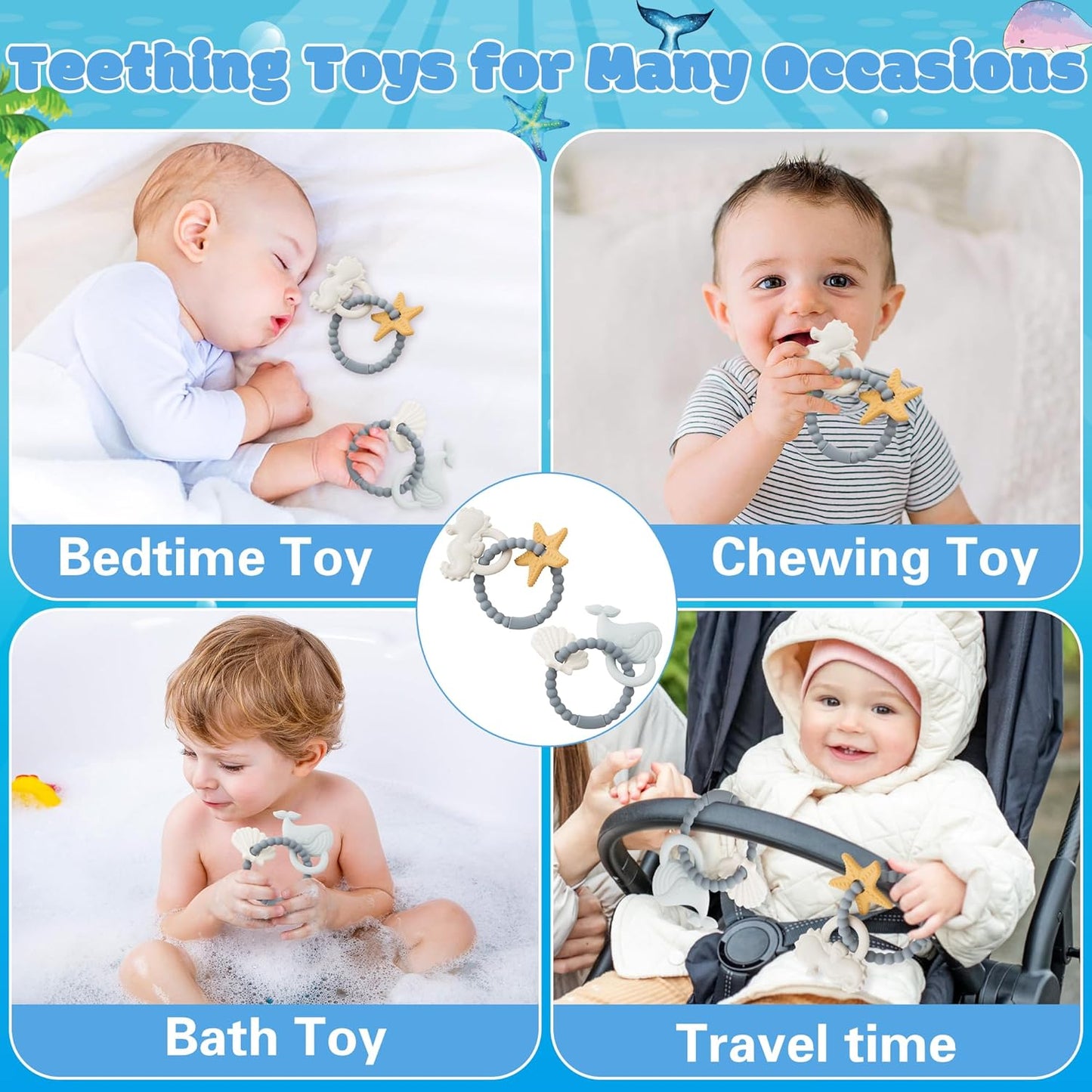 Silicone Teether Toys for Babies - 2ooya 2Pcs Summer Ocean Beach Themed Teething Ring Infant Soft Teethers, Toddler Teething Chew Toys for Newborn Boy and Girl Baby Shower Birthday Gifts