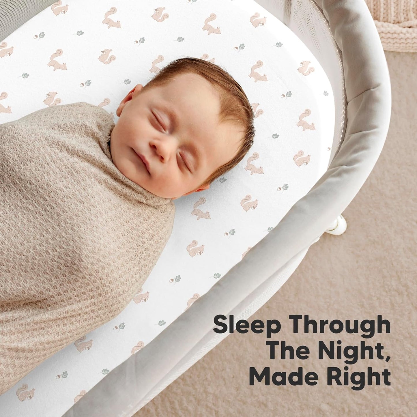 2-Pack Organic Bassinet Sheets for Girls, Boys - 100% Cotton Bassinet Mattress Sheets Compatible with Halo Bassinest Swivel Sleeper, Graco, Baby Delight, Chicco, Fitted Bassinet Sheets (Nibble/Bruce)