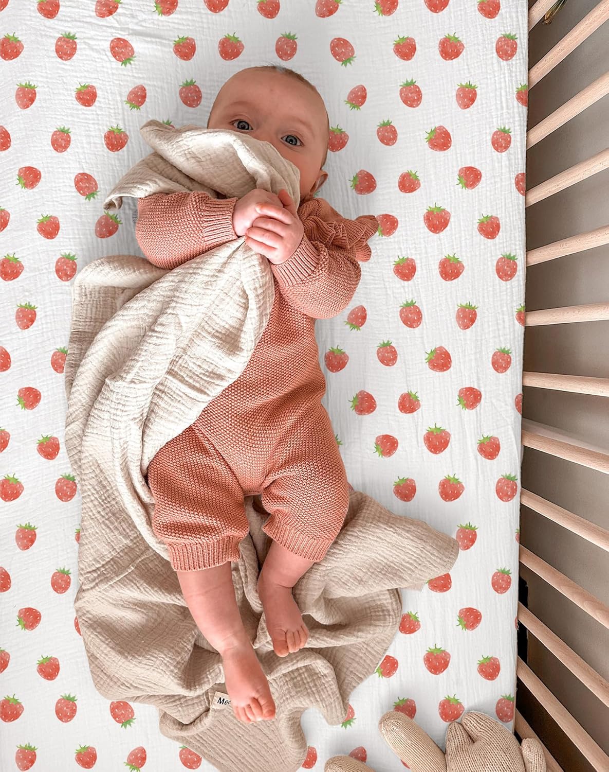 Crib Sheets for Baby Boy Girl 2 Pack, Fitted Crib Mattress Sheet 28" x 52", Muslin Toddler Bedding with Neutral Style, Nursery Bedding Essentials (Strawberry & Pale Pink)