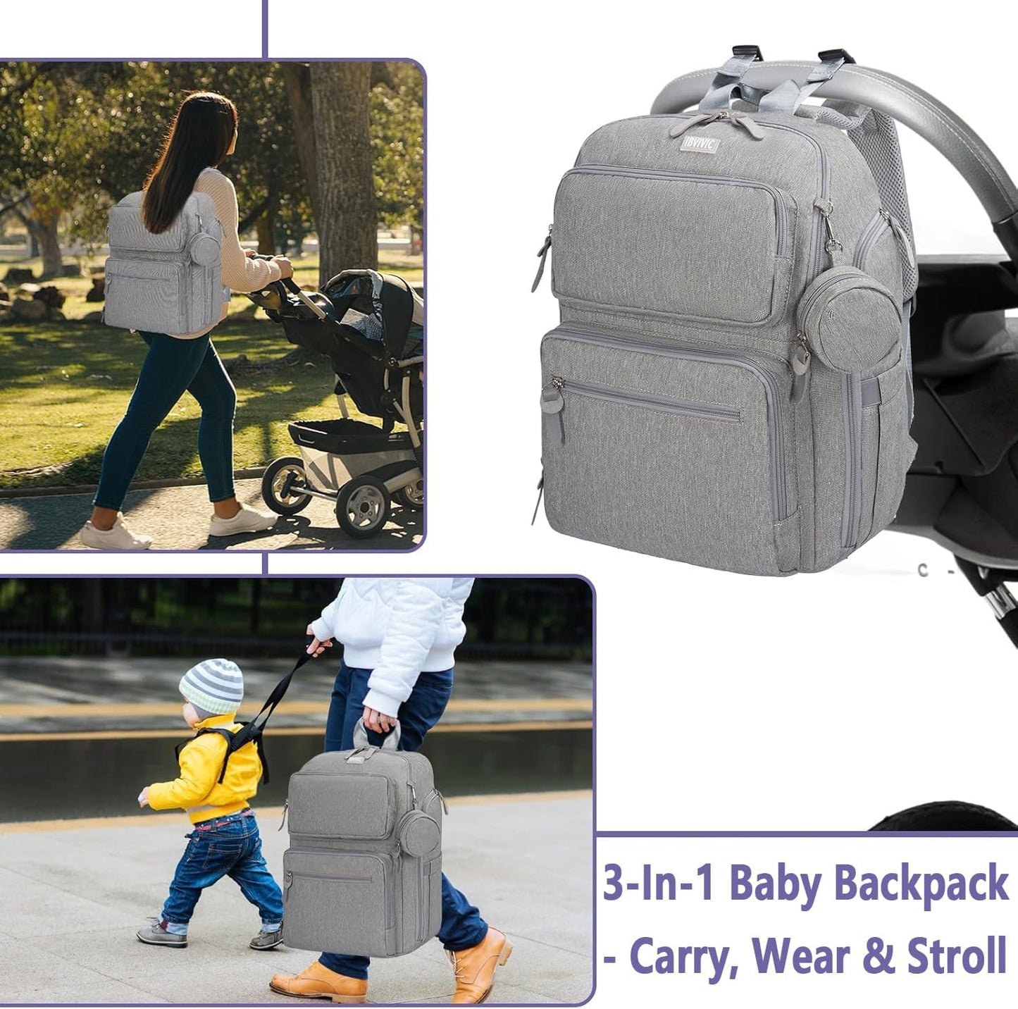 Diaper Bag Large Capacity Diaper Backpack Multi-Function Baby Diaper Bag For Dad And Mom With Insulated Pockets, Stroller Straps,Grey