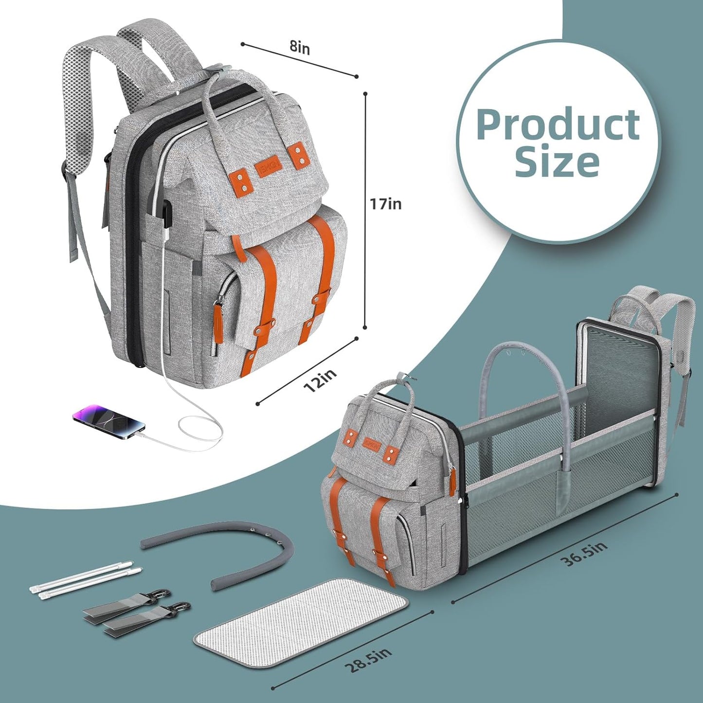 Diaper Bag Backpack with Changing Station, Large Diaper Bag, Baby Bag, Multifunctional Diaper Bag, Gray