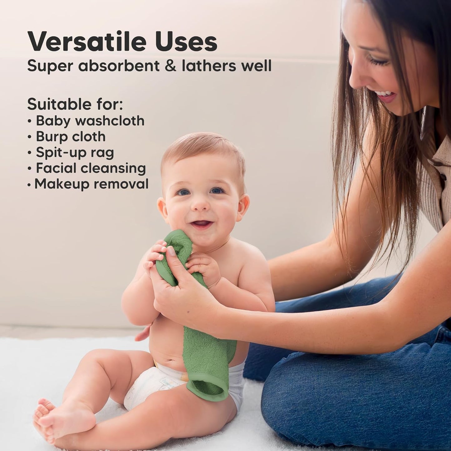 6-Pack Baby Washcloths - Soft Absorbent Viscose from Bamboo Wash Cloths for Babies, Kids, Toddlers, Infant, Newborn Bath Towels, Gentle on Sensitive Skin, 10x10 Reusable Face Towels (Verde)