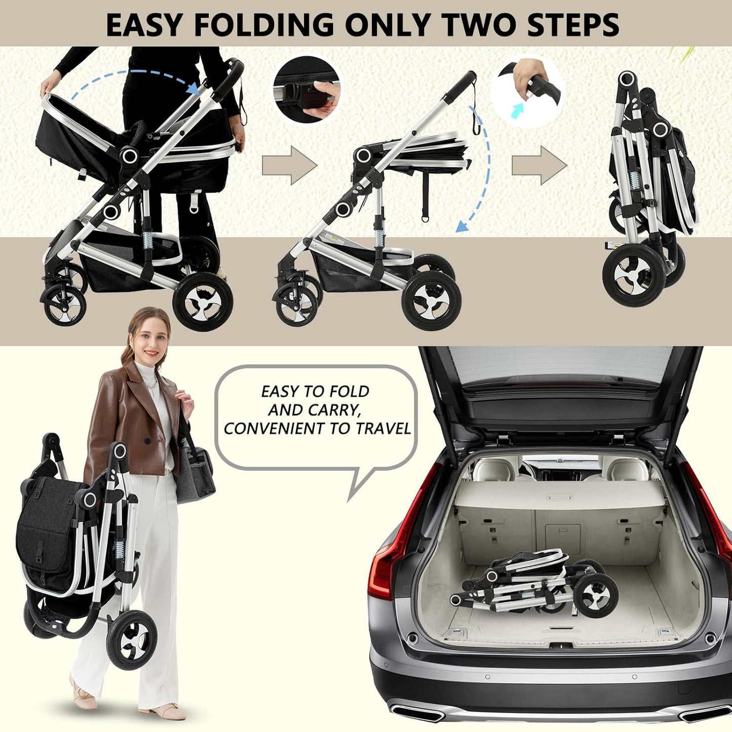 Kinder King 2 in 1 Convertible Baby Stroller, Folding High Landscape Infant Carriage, Newborn Reversible Pram, Adjustable Canopy, Diaper Bag, Anti-Shock Toddler Pushchair Stroller, Black