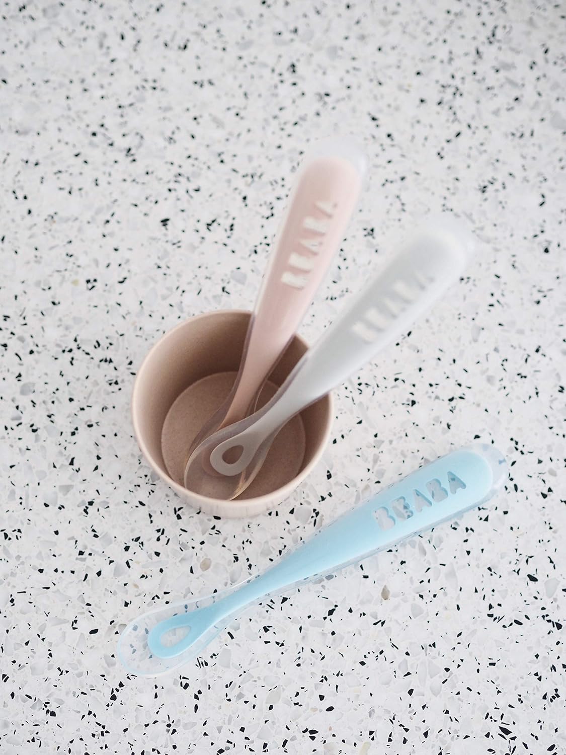 BEABA Baby's First Foods Spoon Set, Original Silicone Baby Spoons, 4 Pack, BPA Lead & Phthalate Free, Gray