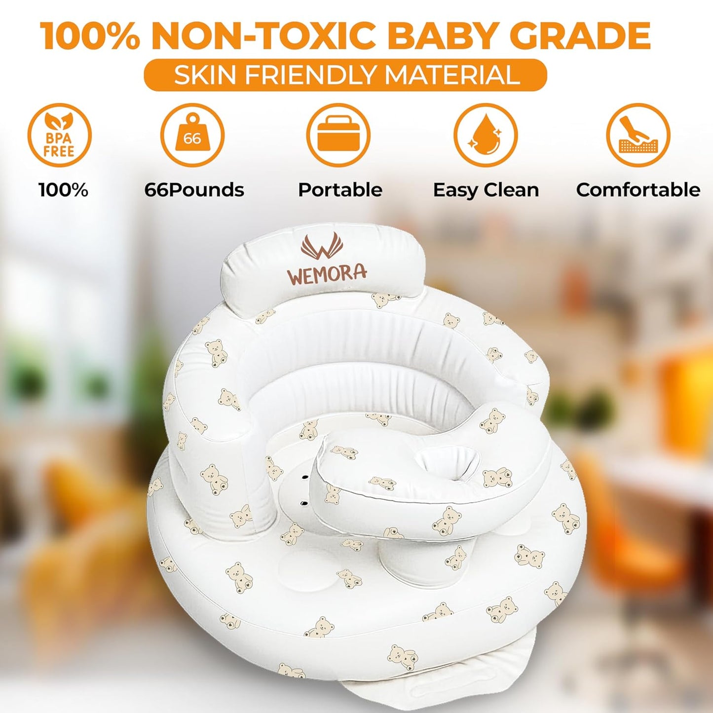 Inflatable Baby Seat for Babies 3-36 Months Blow Up Chair for Babies Infants Toddler Floor Sitting Up with Built in Air Pump (White, Bear)