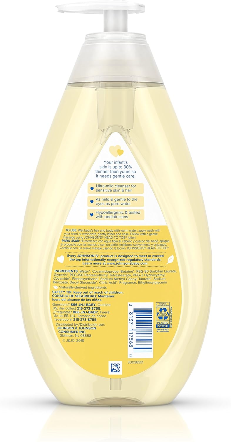 Johnson's Head-to-Toe Gentle Tear-Free Baby & Newborn Wash & Shampoo, Sulfate-, Paraben- Phthalate- & Dye-Free, Hypoallergenic Wash for Sensitive Skin & Hair, 27.1 fl. Oz