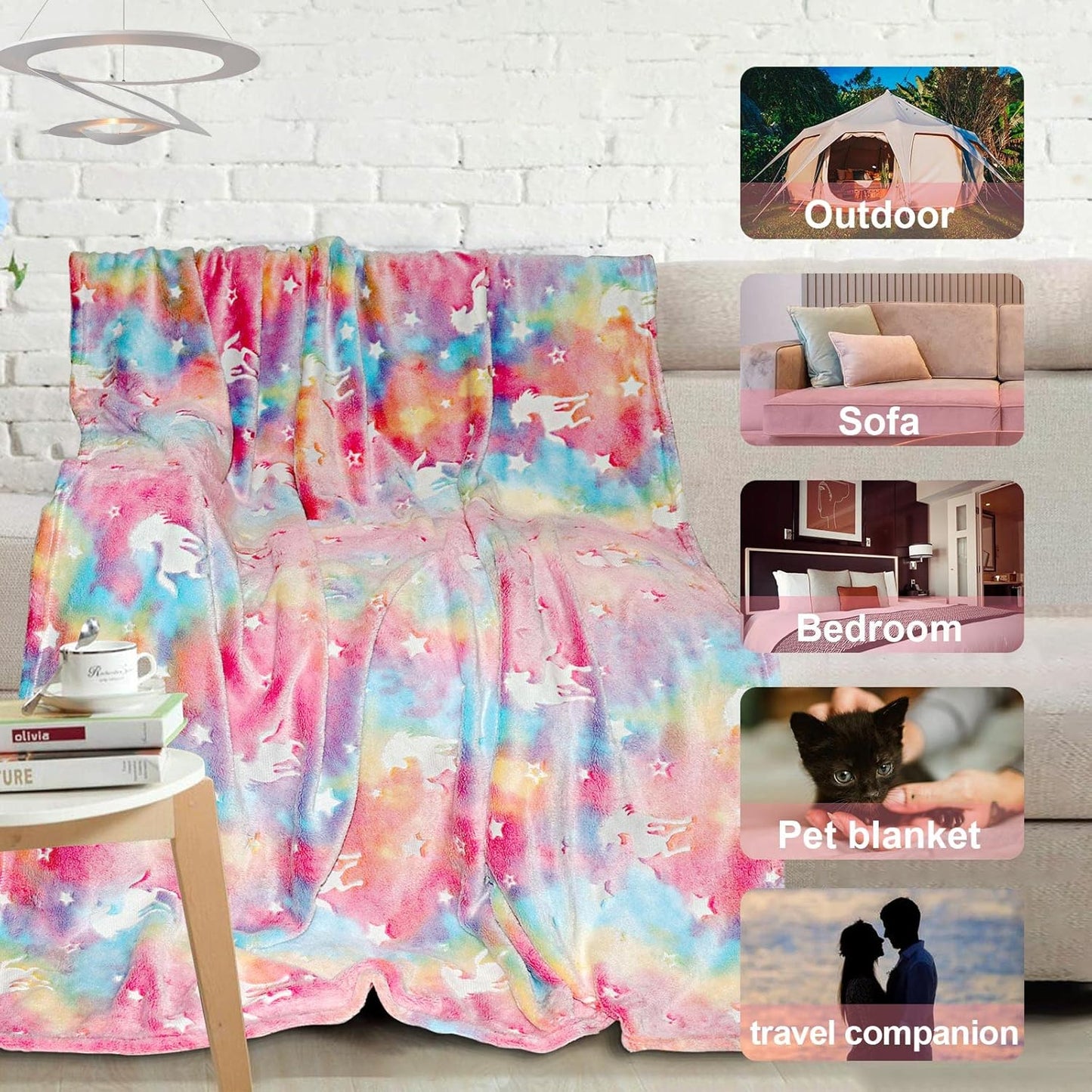TEHALK Unicorn Glow in The Dark Blanket for Girls/Kids, 60% Polyester/40% Flannel, 40"x60", Pink, Cartoon Unicorn with Star