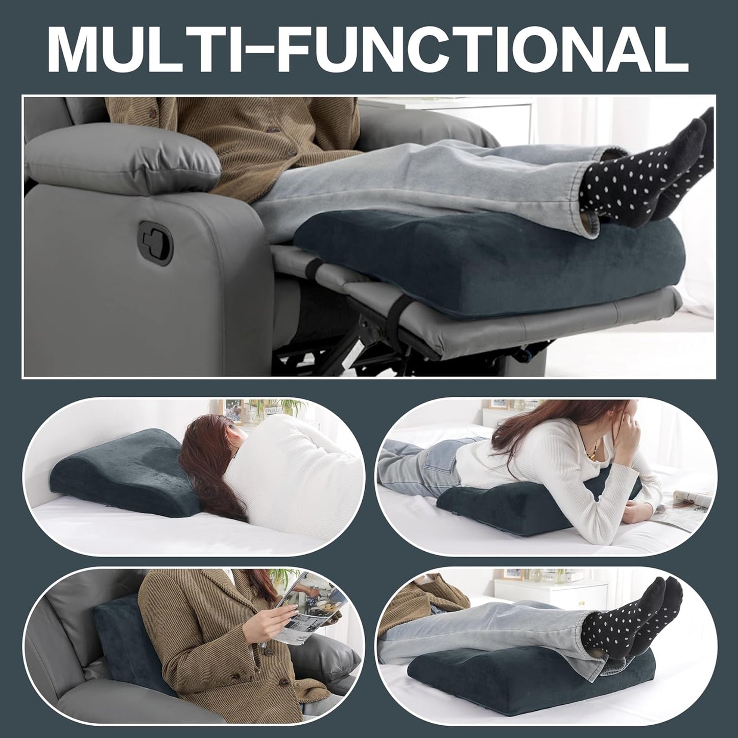 HOMBYS Extra Large Recliner Leg Pillow, Memory Foam Foot Rest Cushion Wave Shape Recliner Footrest Extender, Multi Purpose Back & Lumbar Support Pillow for Recliner, Bed, Sofa Couch,Grey